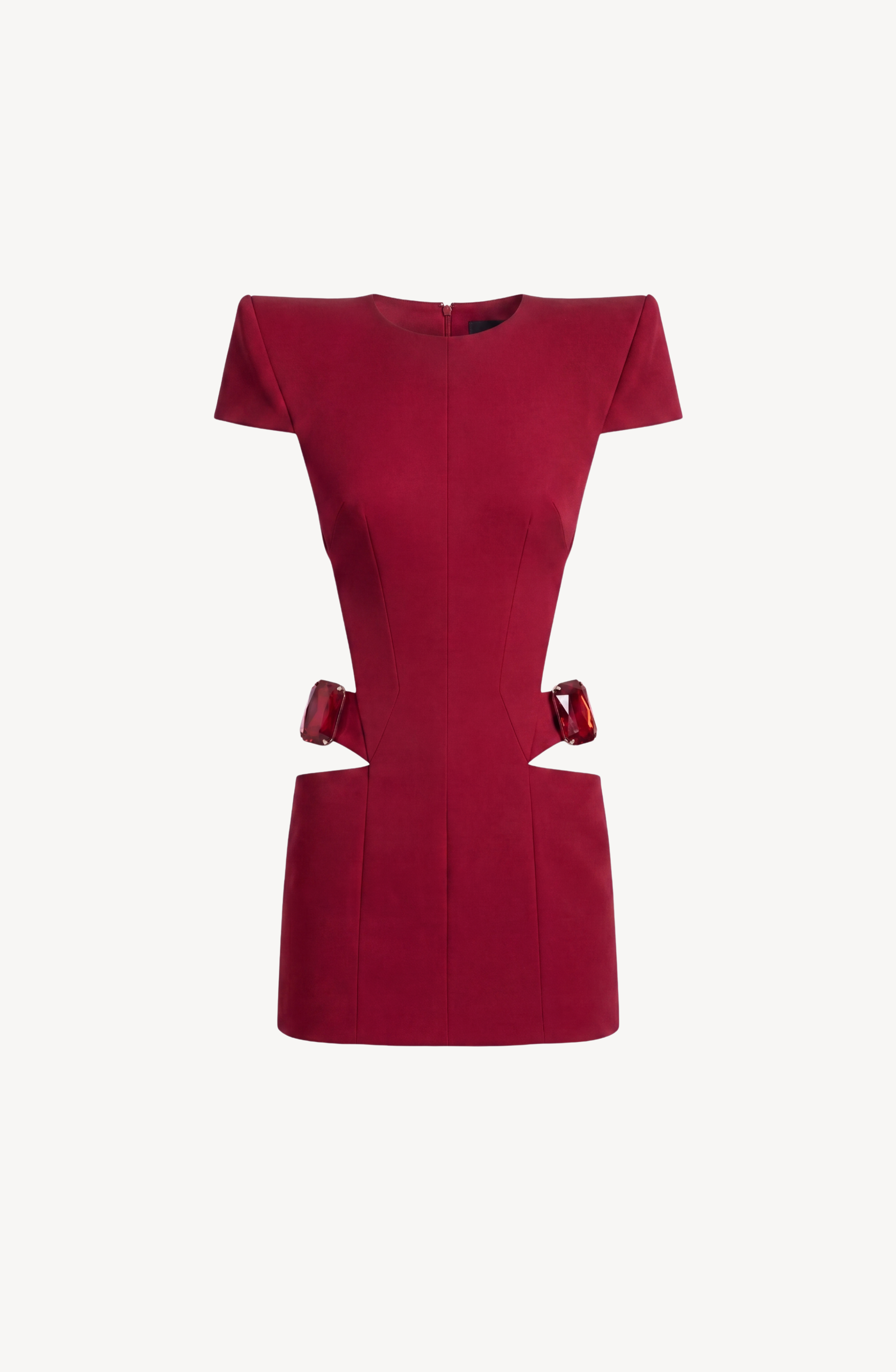 The LOULOU Crystal-Embellished Cutout Mini Dress is a fitted, short-sleeve ruby red mini dress with padded, angled shoulders and waist cut-outs adorned with decorative bow accents on each side.