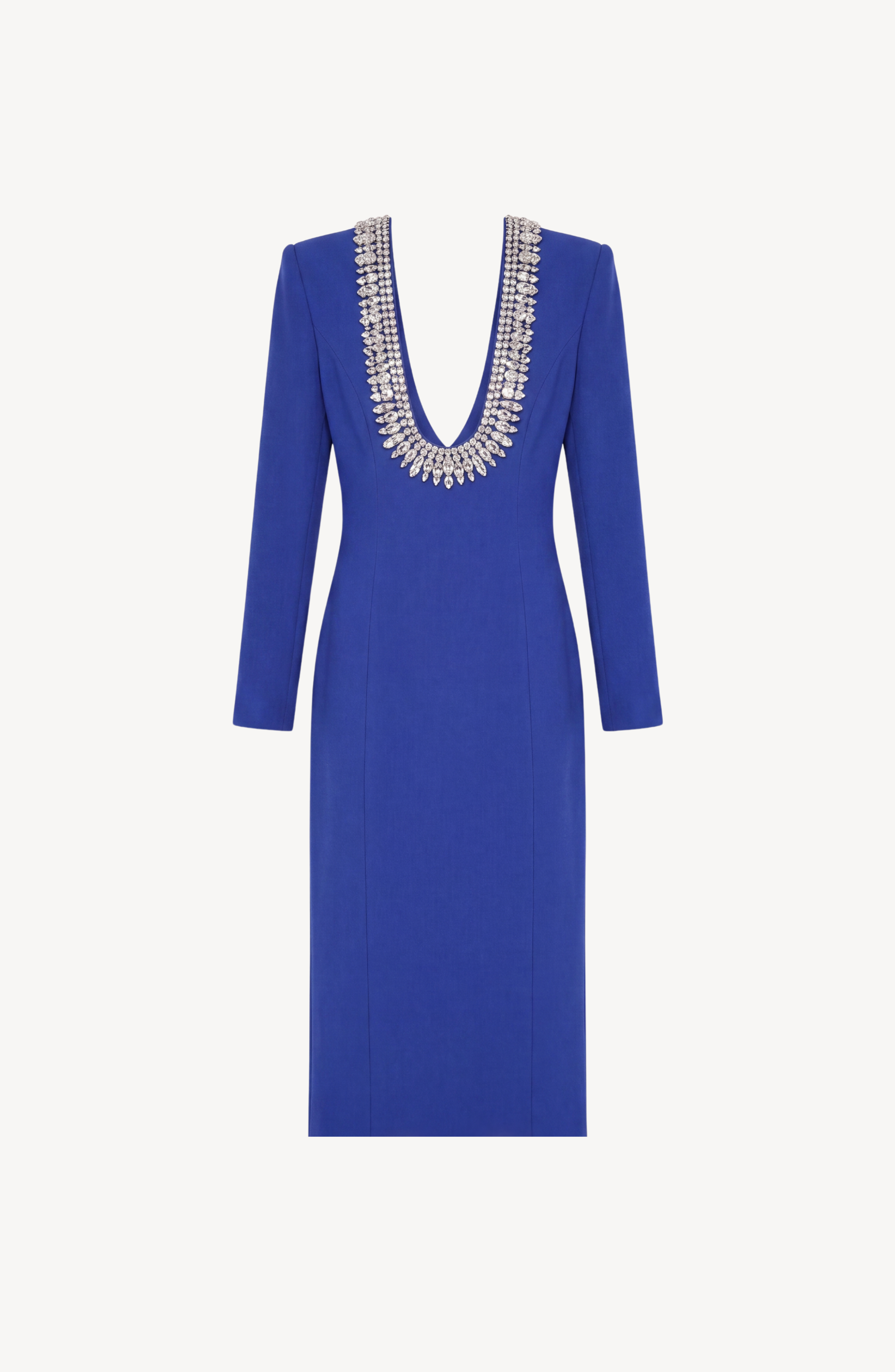 LOULOU Crystal U-Neck Midi Dress in royal blue features long sleeves and crystal embellishments, displayed on a white background.