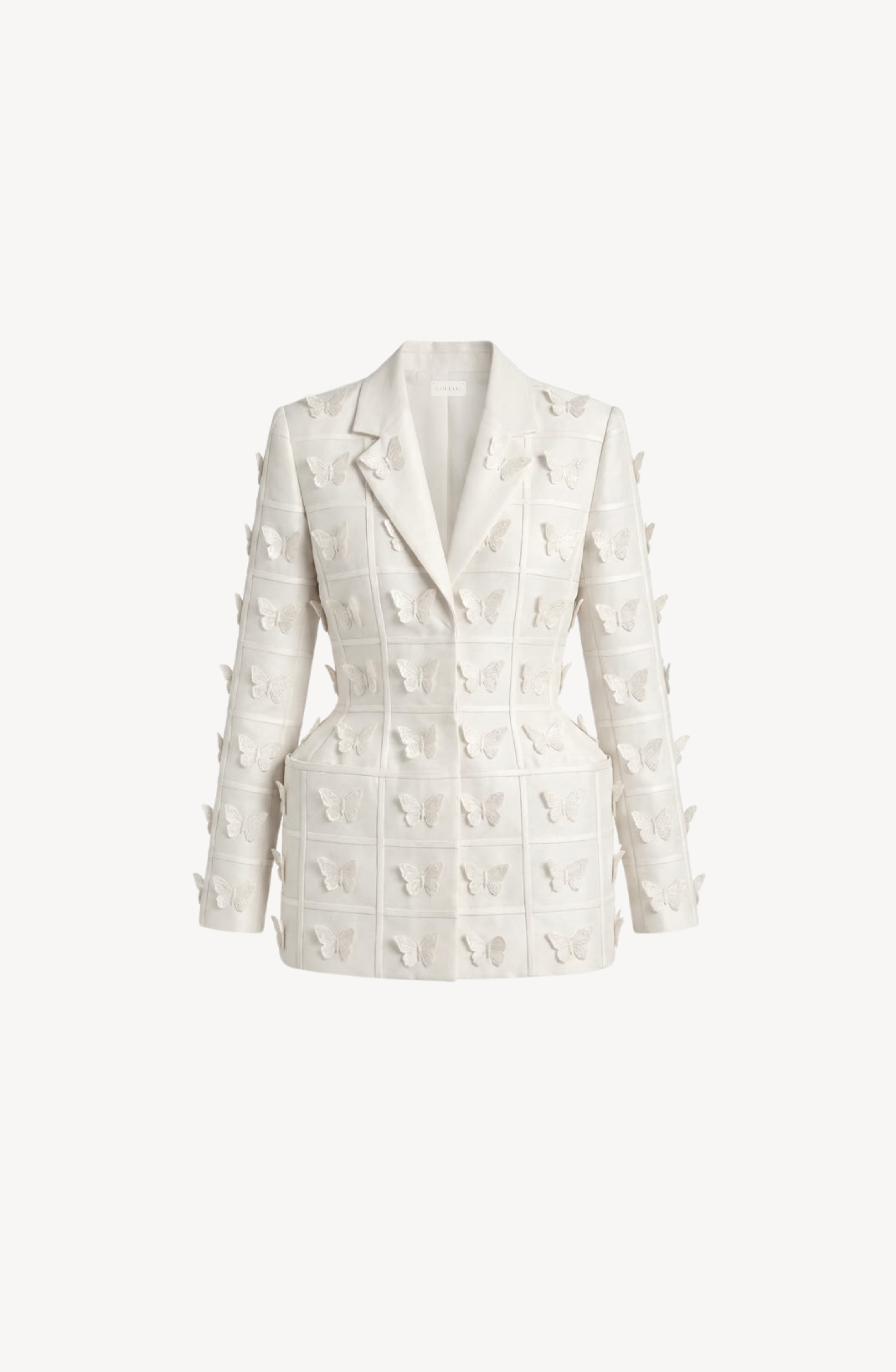 The Embellished Silk Basque Blazer Dress by LOULOU features a tailored silhouette in white silk, adorned with a grid pattern of three-dimensional white dove appliqués across the front, sleeves, and sides. The dress is displayed against a plain white background.