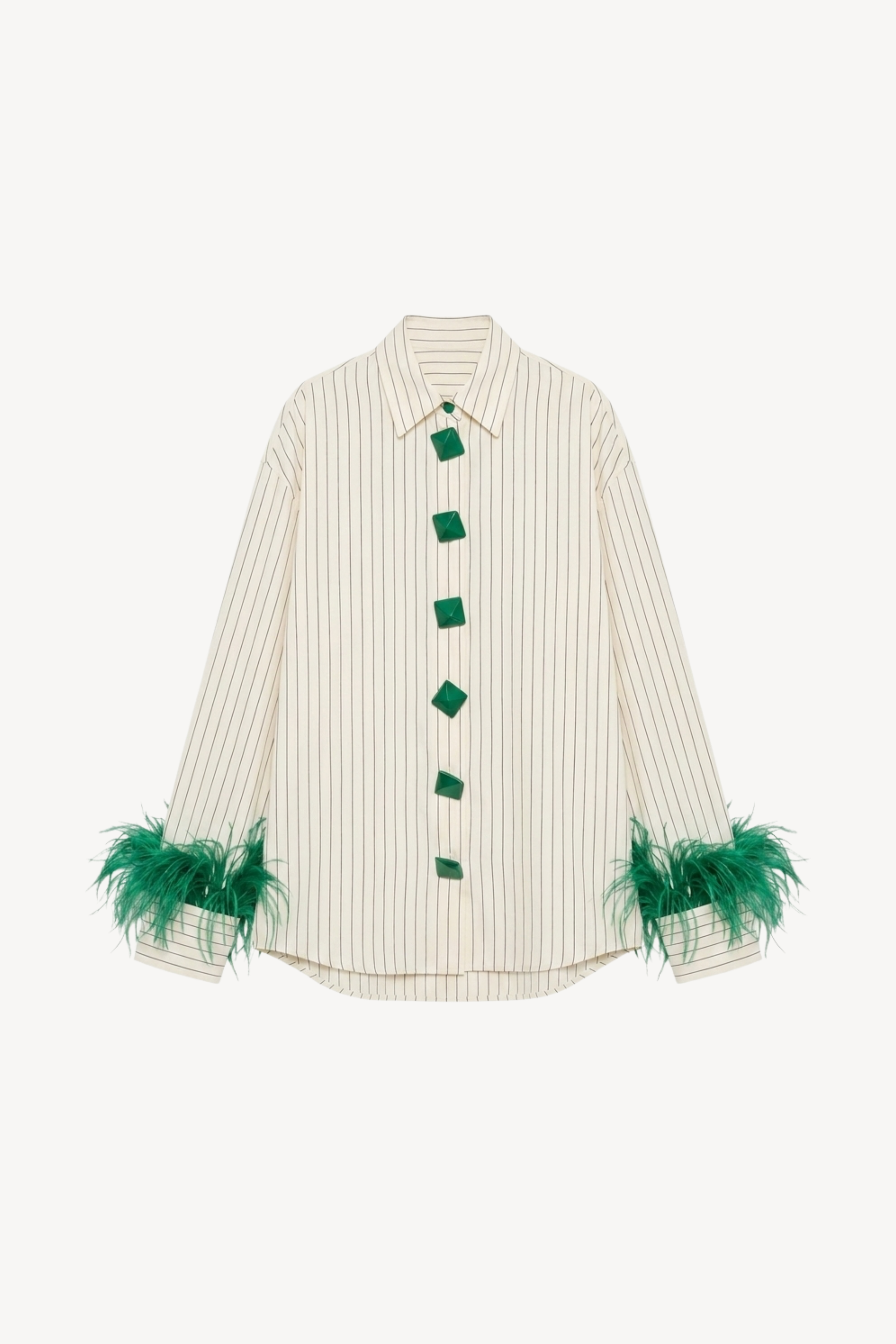 Ivory Green Striped Feather Shirt