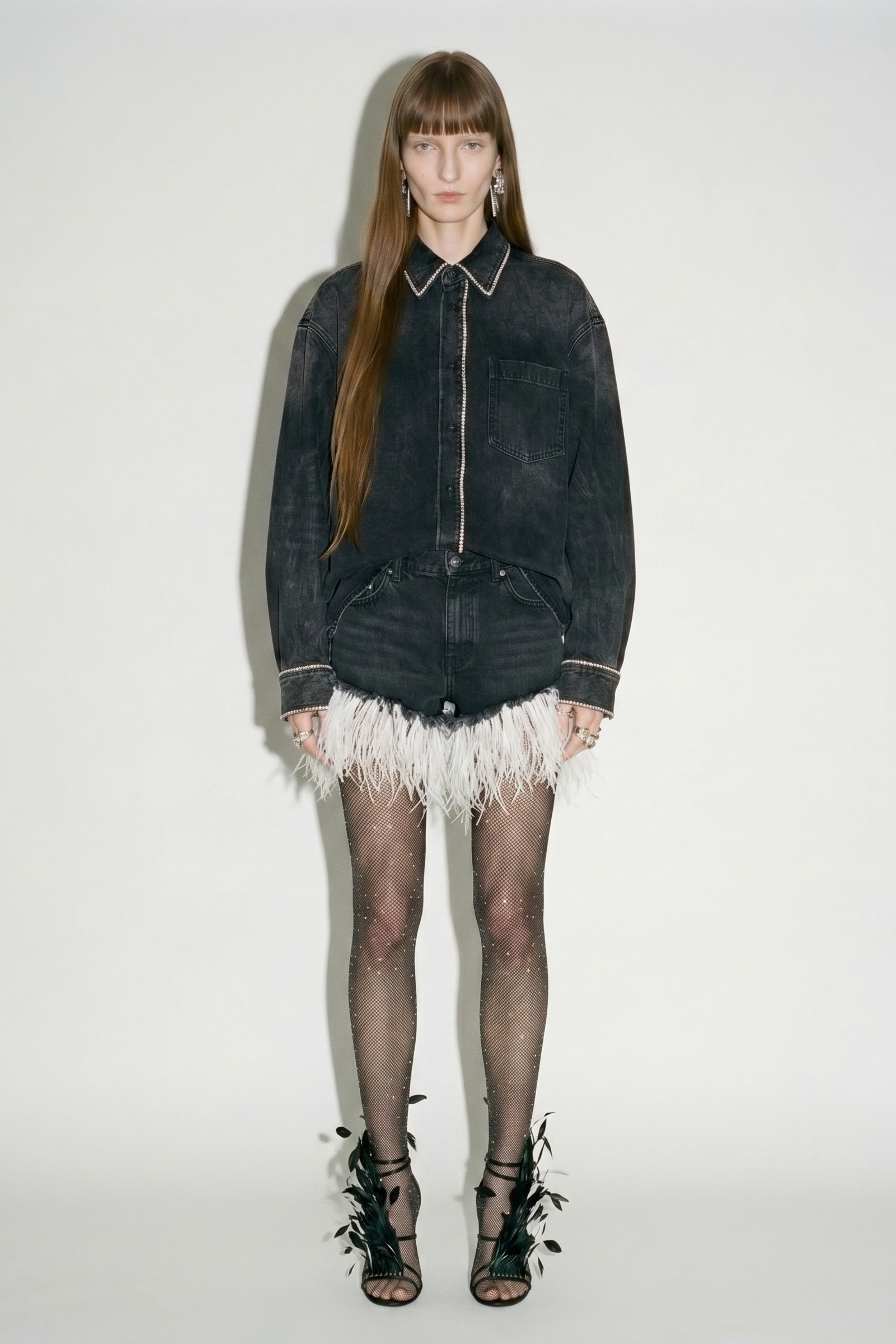 Washed Black Crystal Trim Denim Shirt