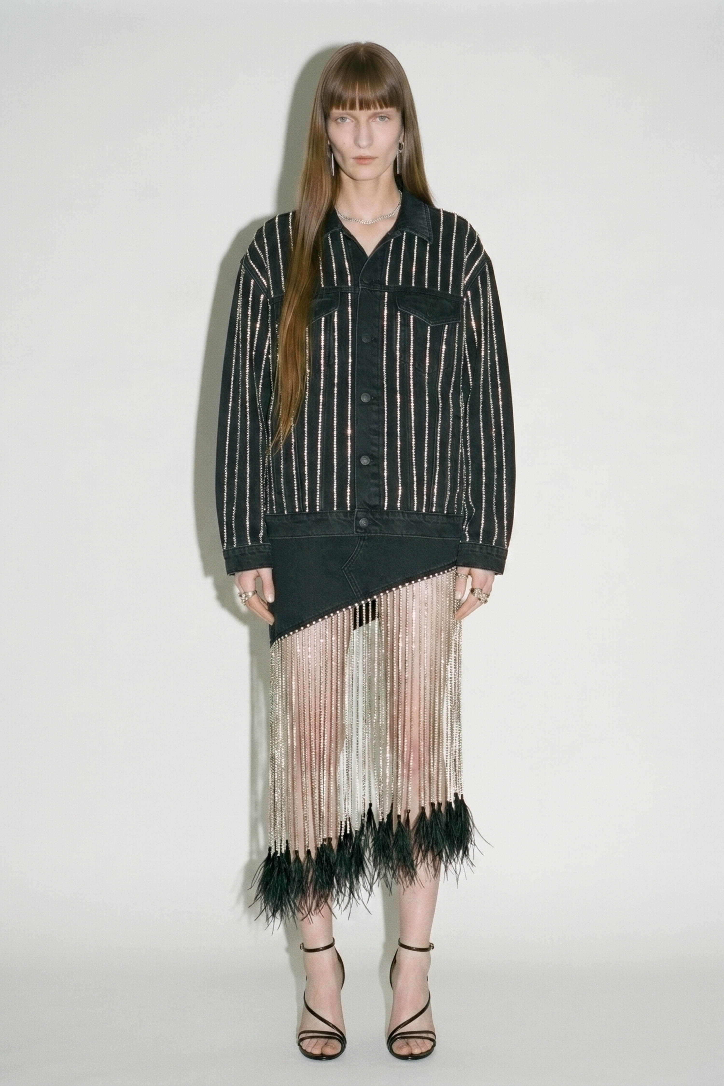 Washed Black Crystal Striped Denim Jacket