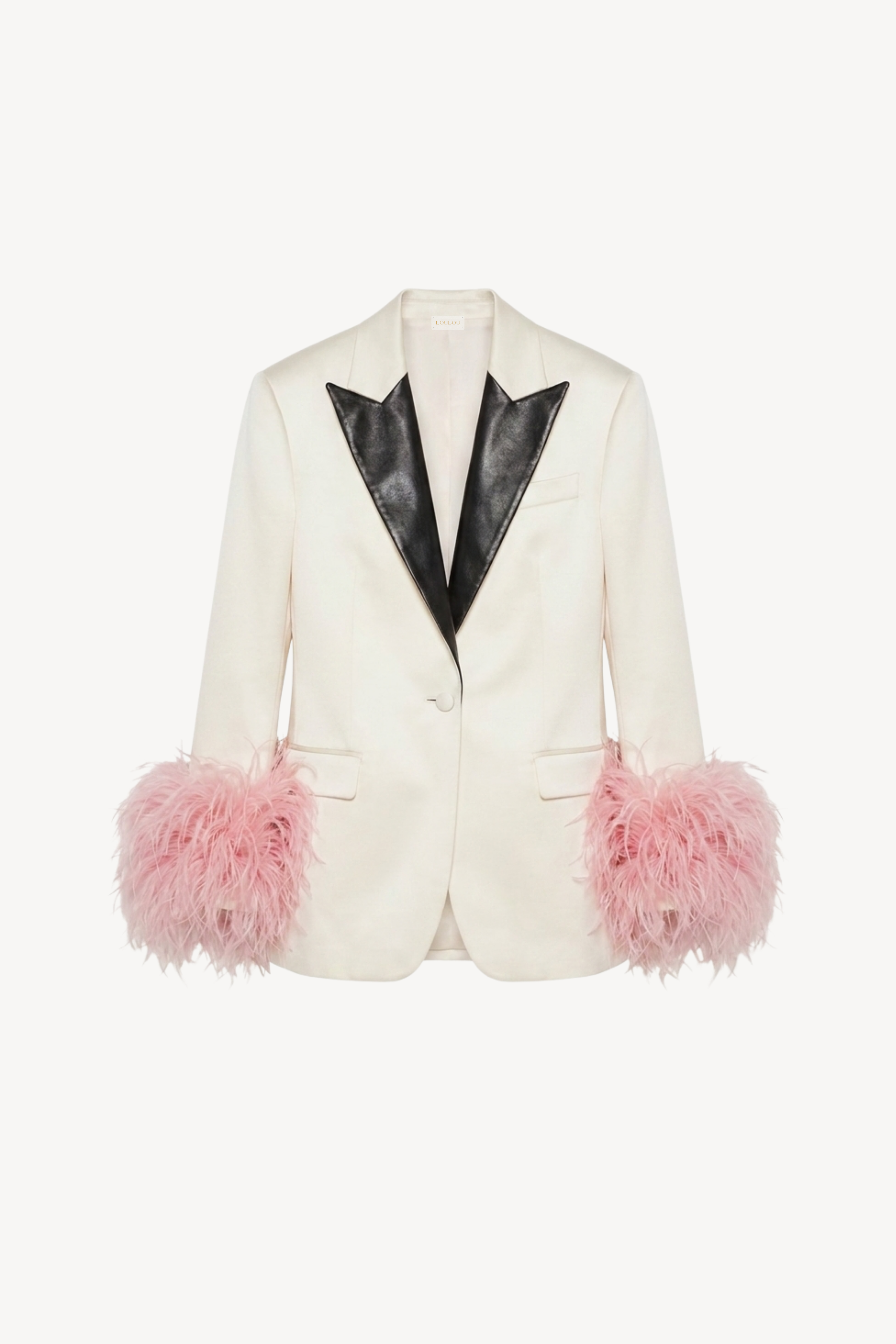 Ivory Black Lapel Pink Feather Cuff Blazer