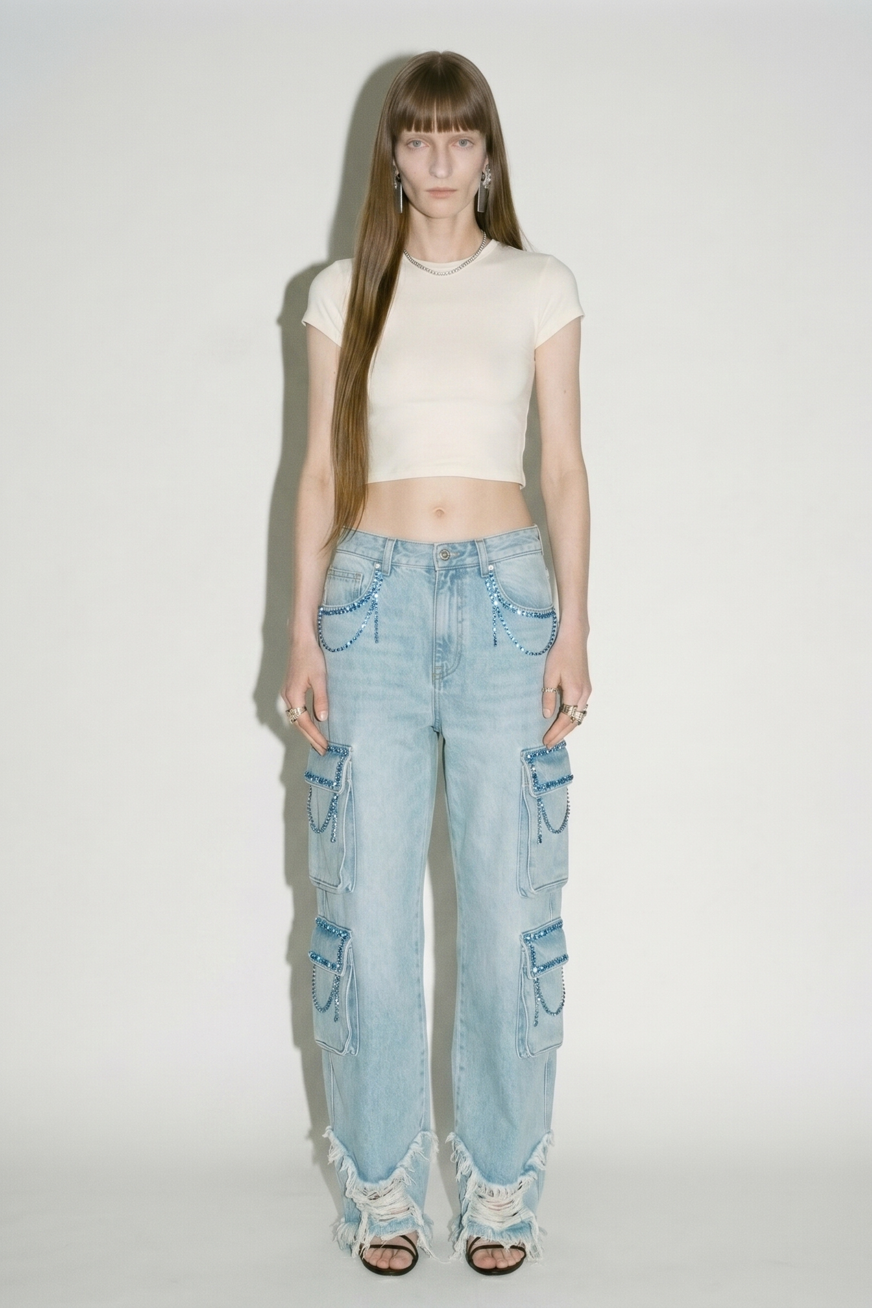 Light Blue Crystal Cargo Denim Jeans