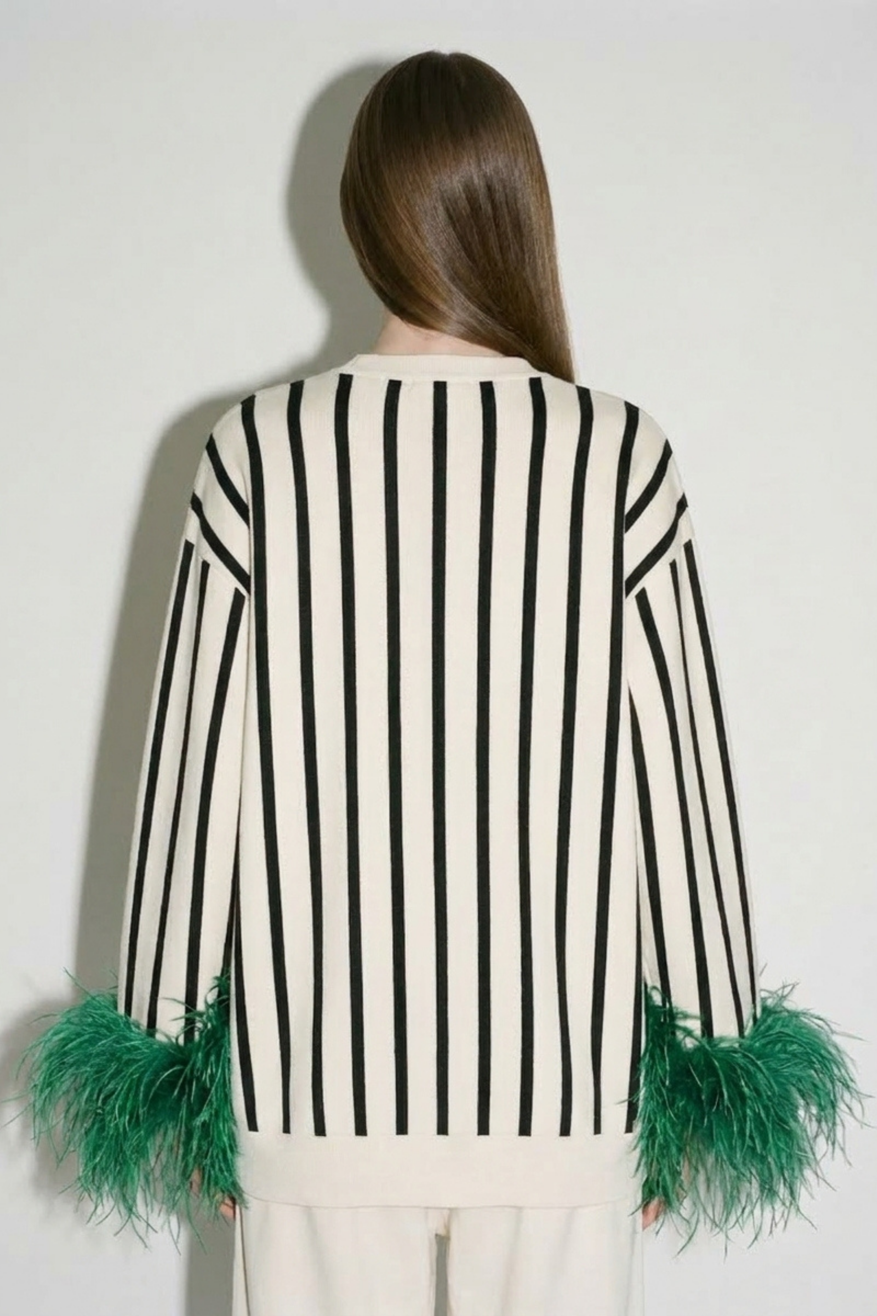 Ivory Black Striped Green Feather Cardigan