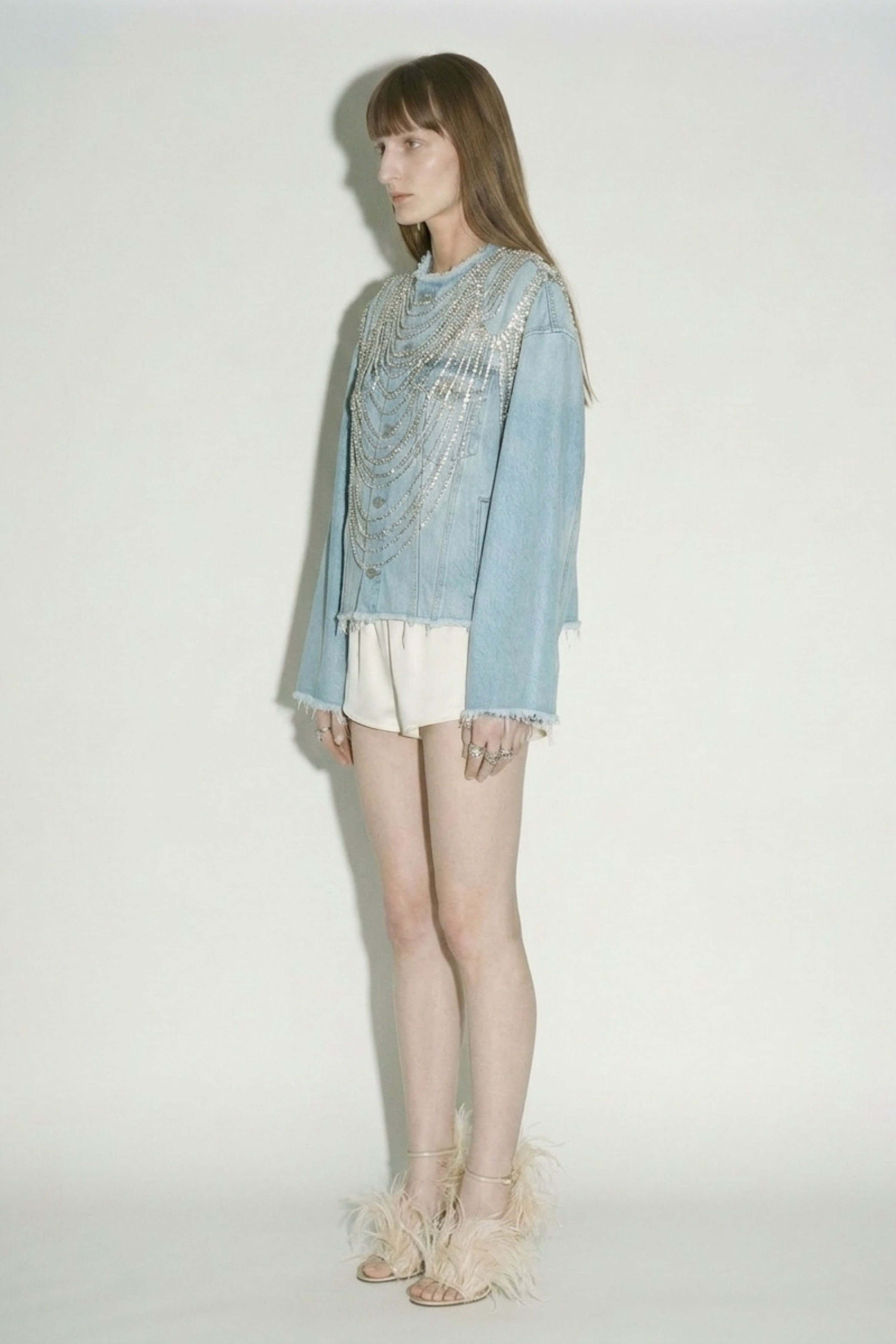 Light Blue Crystal Fringe Denim Jacket