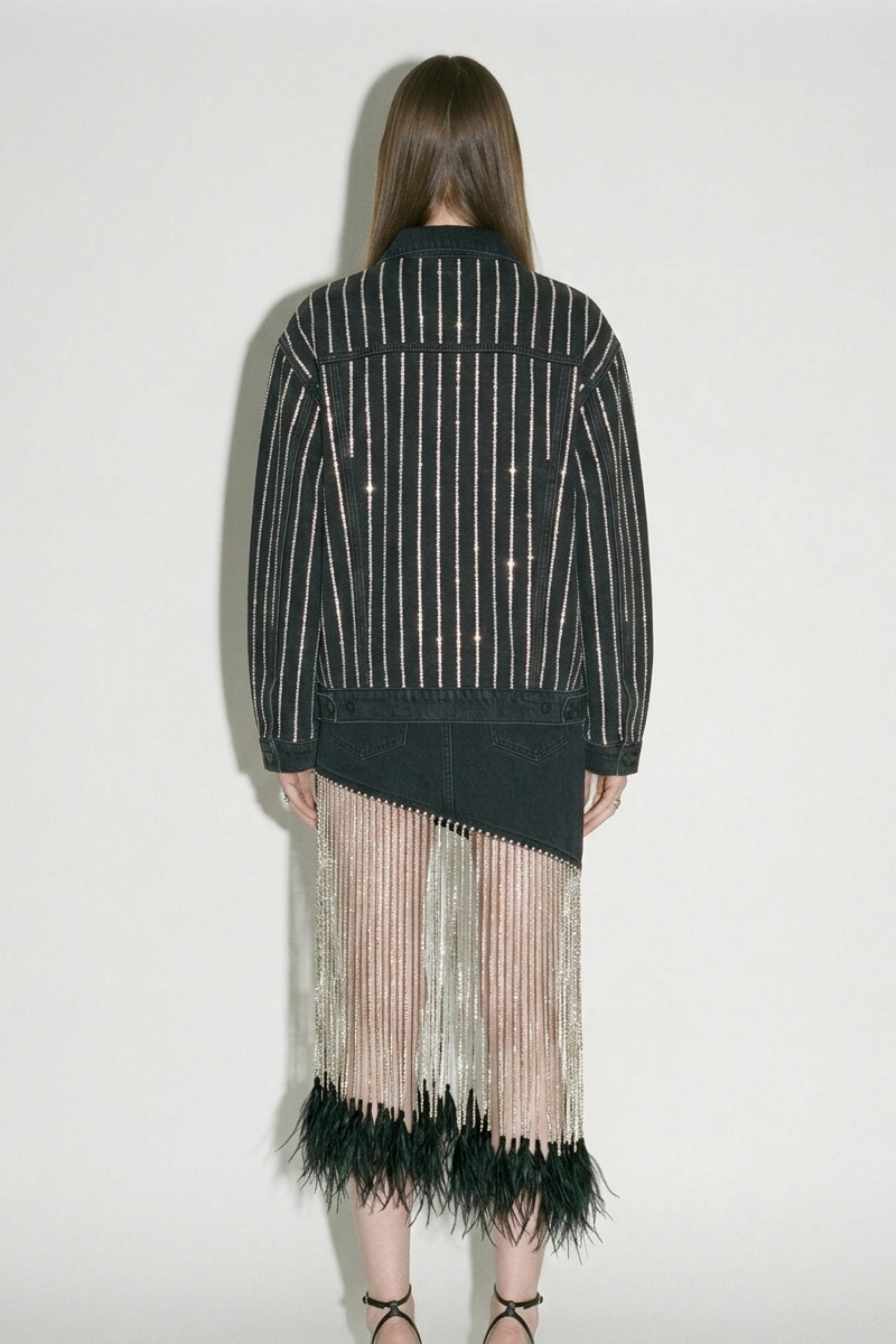 Washed Black Crystal Striped Denim Jacket