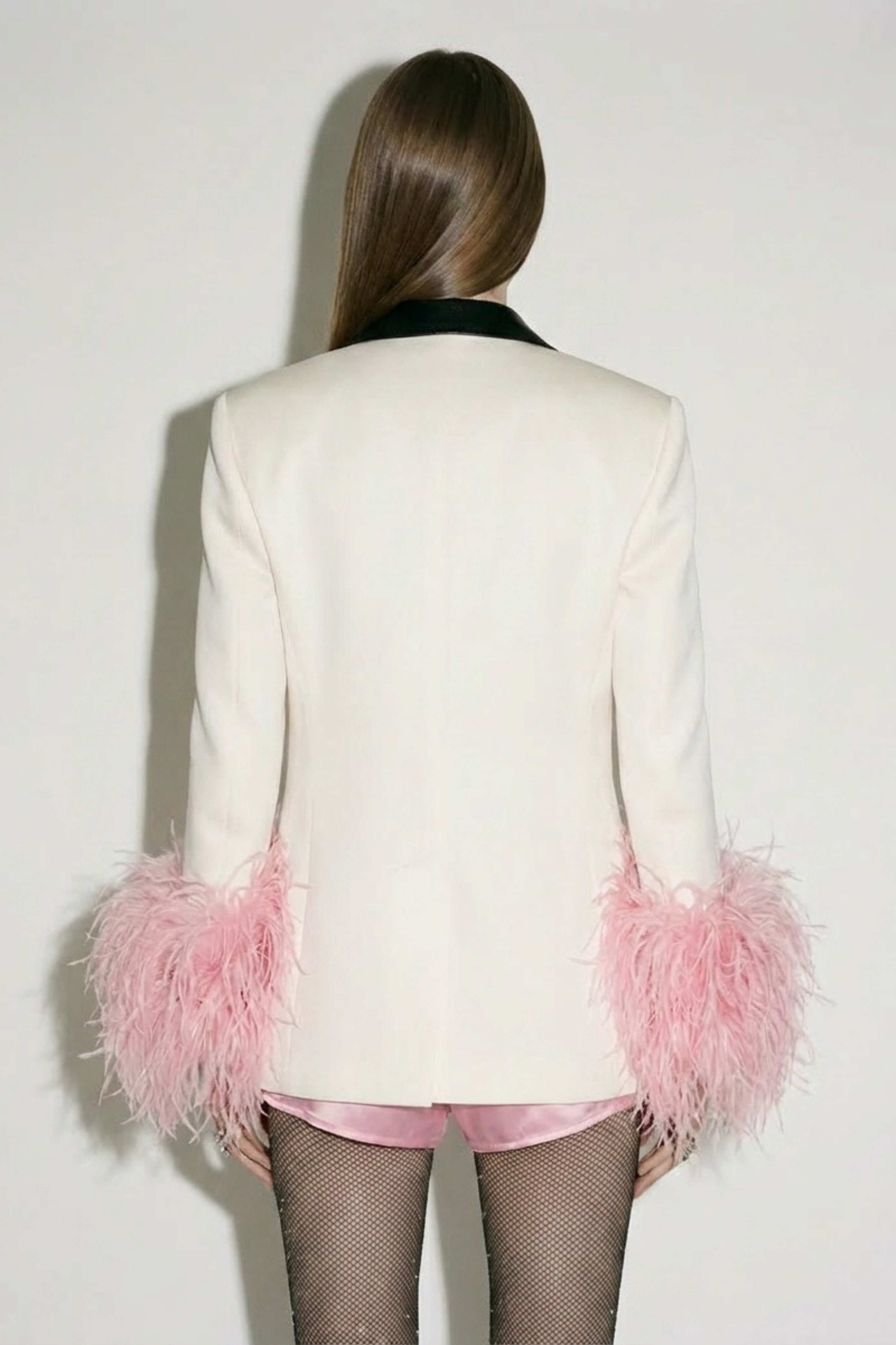 Ivory Black Lapel Pink Feather Cuff Blazer