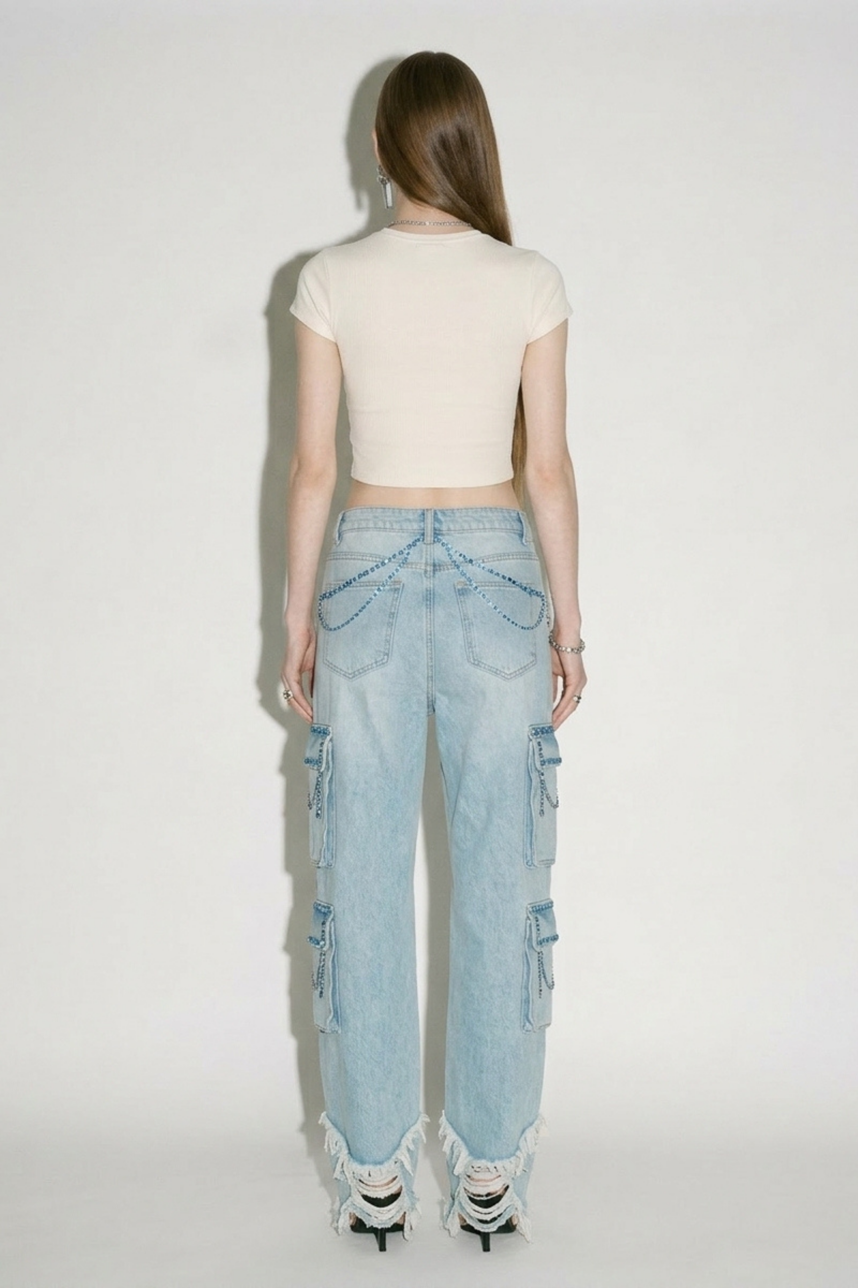 Light Blue Crystal Cargo Denim Jeans