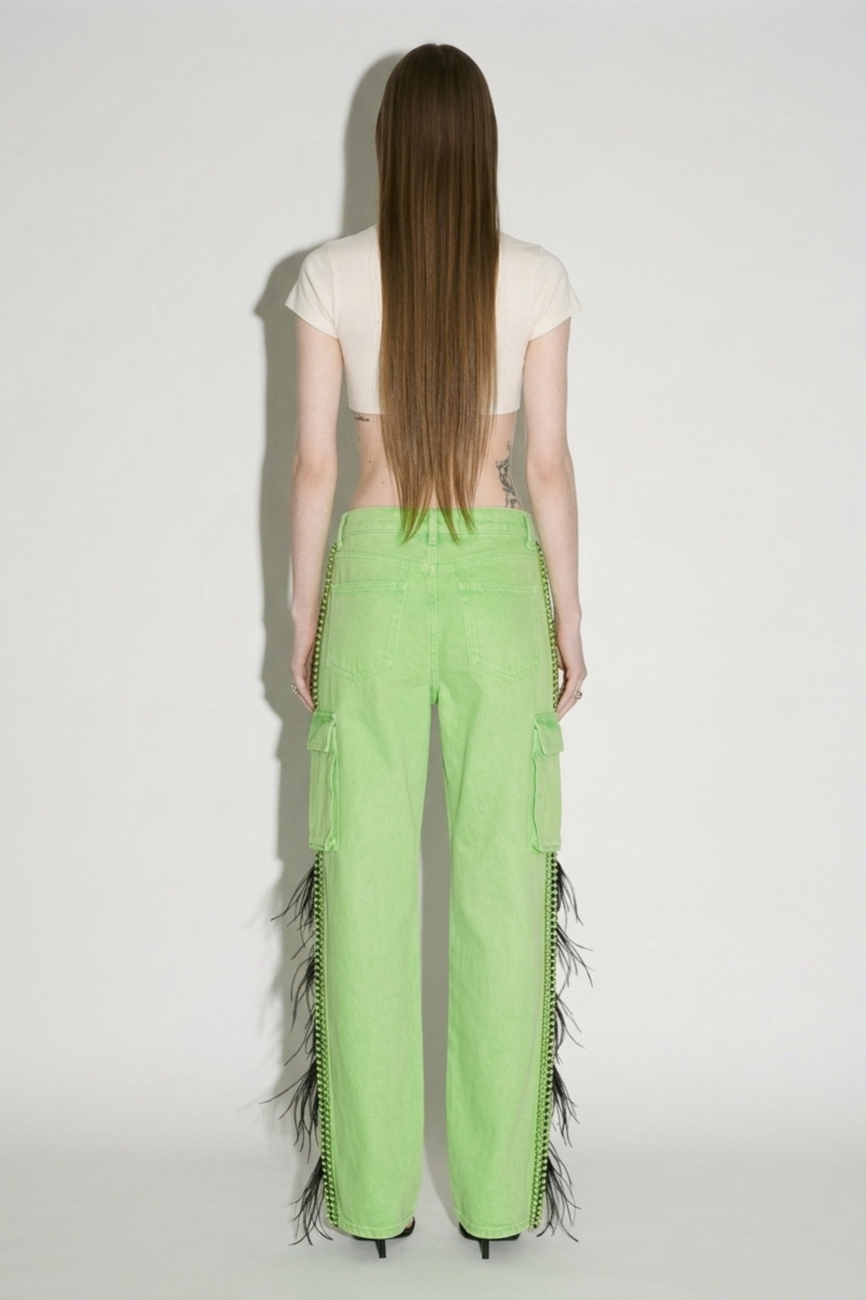Lime Feather Trim Cargo Denim Jeans