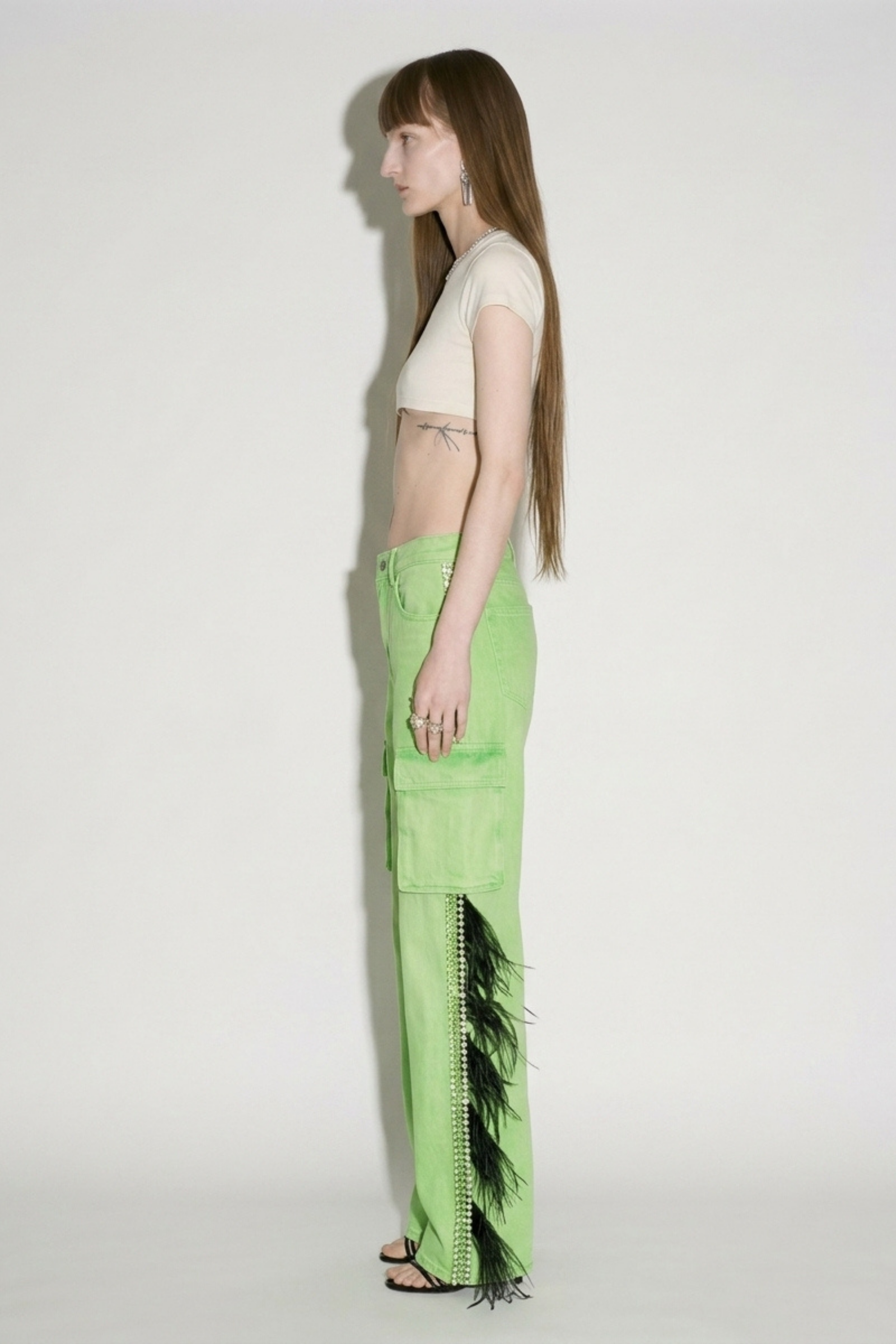 Lime Feather Trim Cargo Denim Jeans
