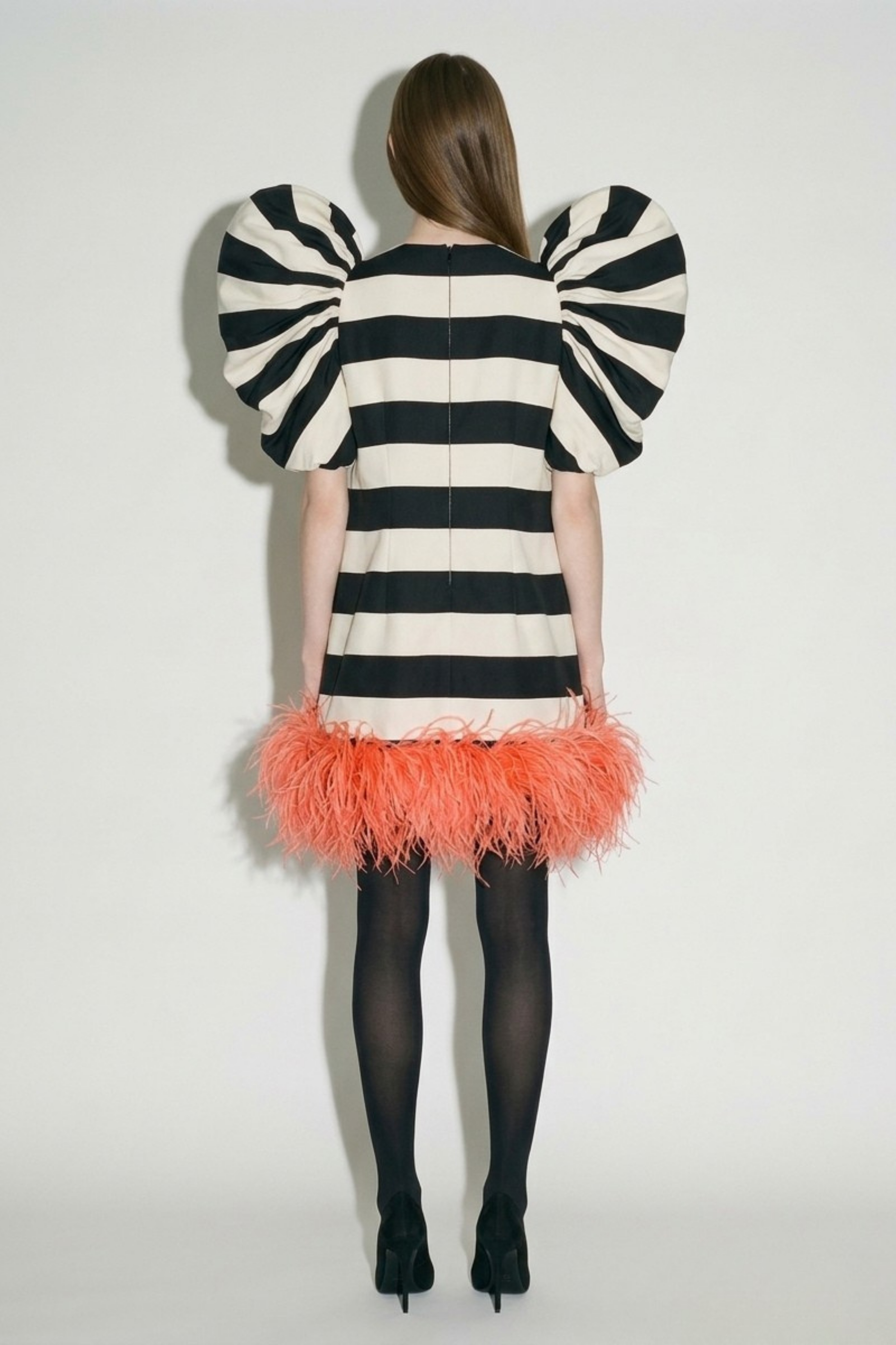 Ivory Striped Puff Sleeve Feather Mini Dress