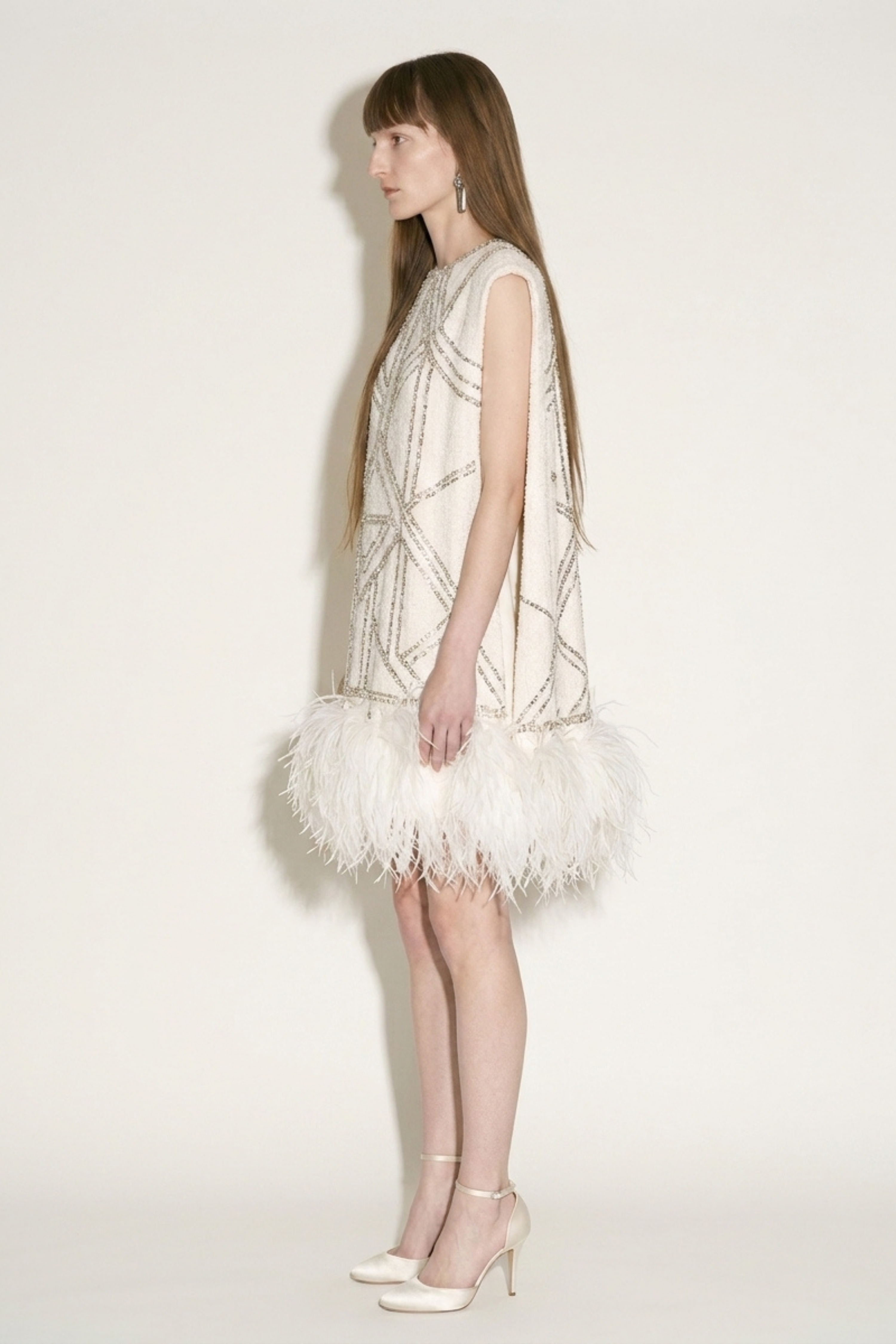 Ivory Crystal Feather Cape Mini Dress