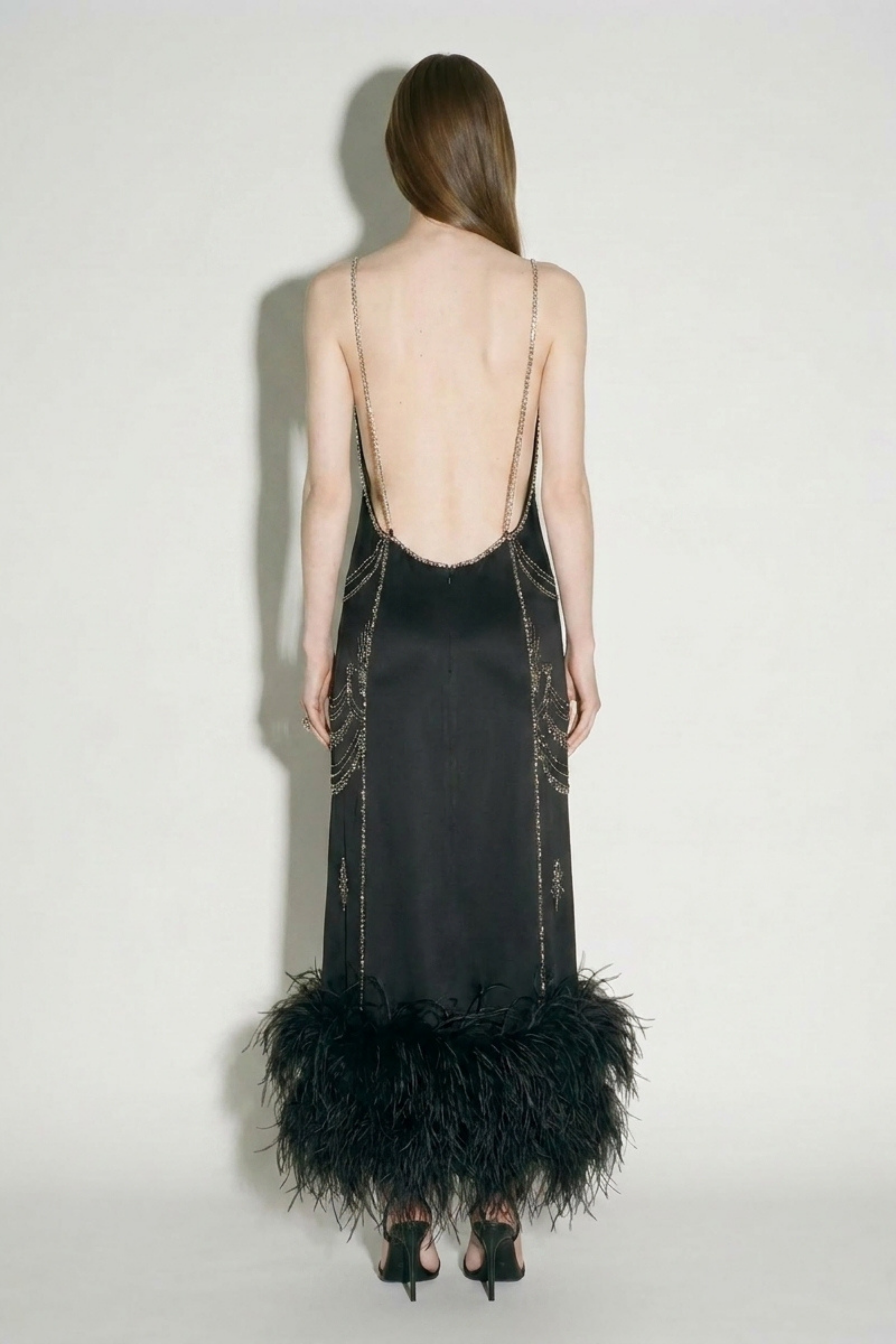 Black Embellished Feather Maxi Dress