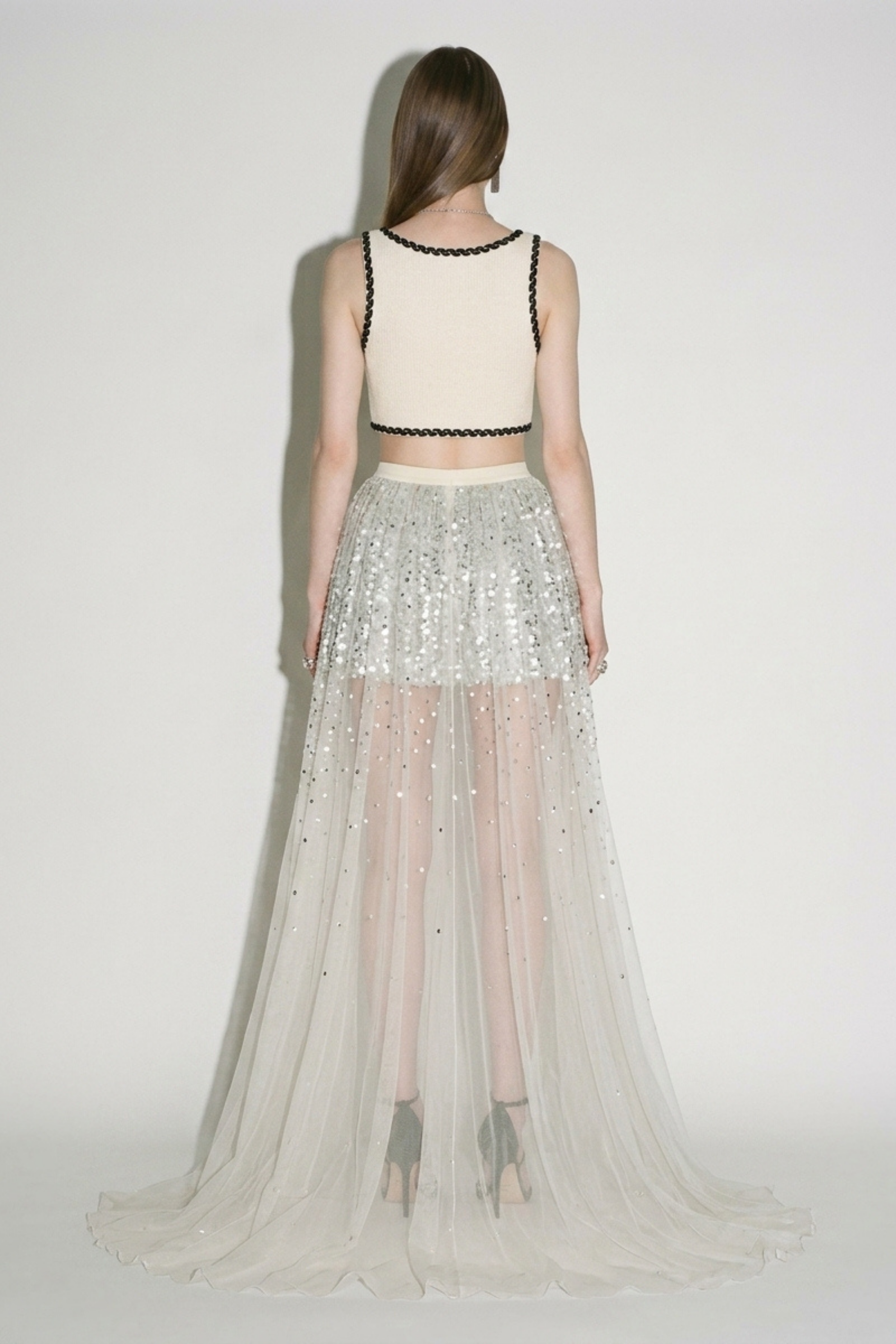 Silver Sequin Tulle Train Skirt