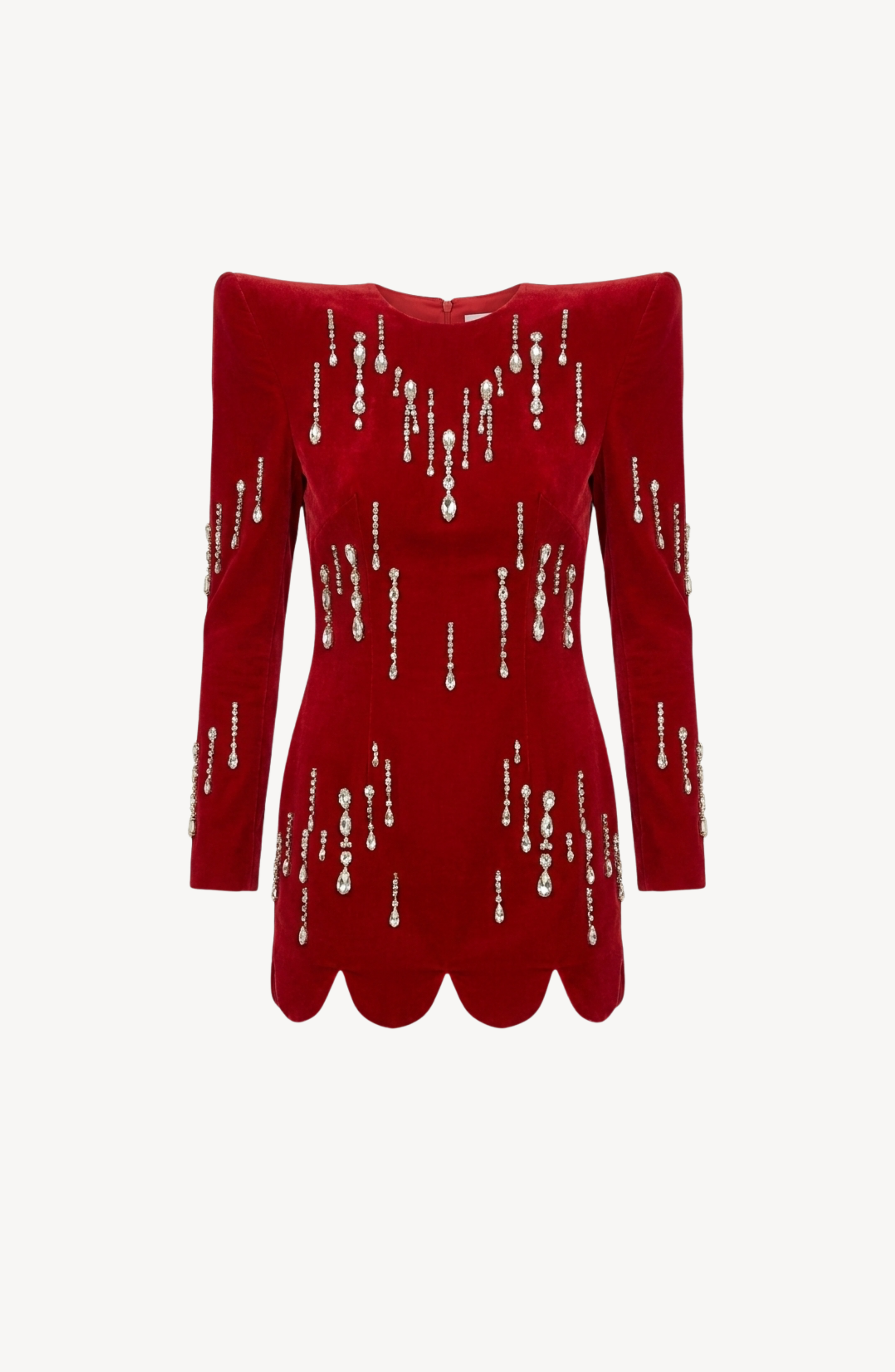 The LOULOU Scarlet Velvet Mini Dress features sculptural shoulders, a scalloped hem, and vertical rows of pearl and glass crystal embellishments for a striking statement look.