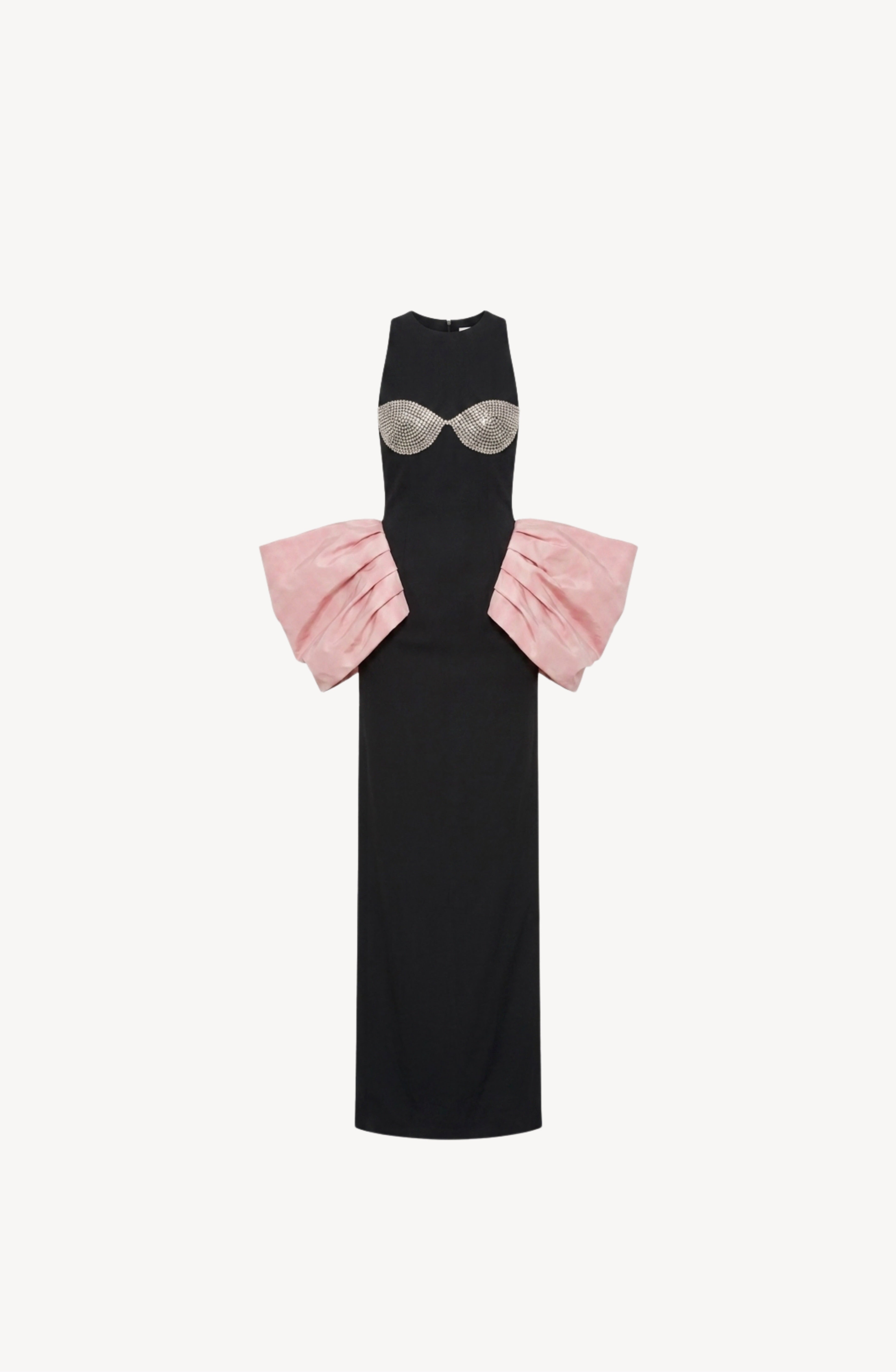 The LOULOU Balloon Sleeve Gown is displayed on a plain white background. This black column gown features a crystal-embellished bustier detail and large, structured pale pink side panels at the waist.