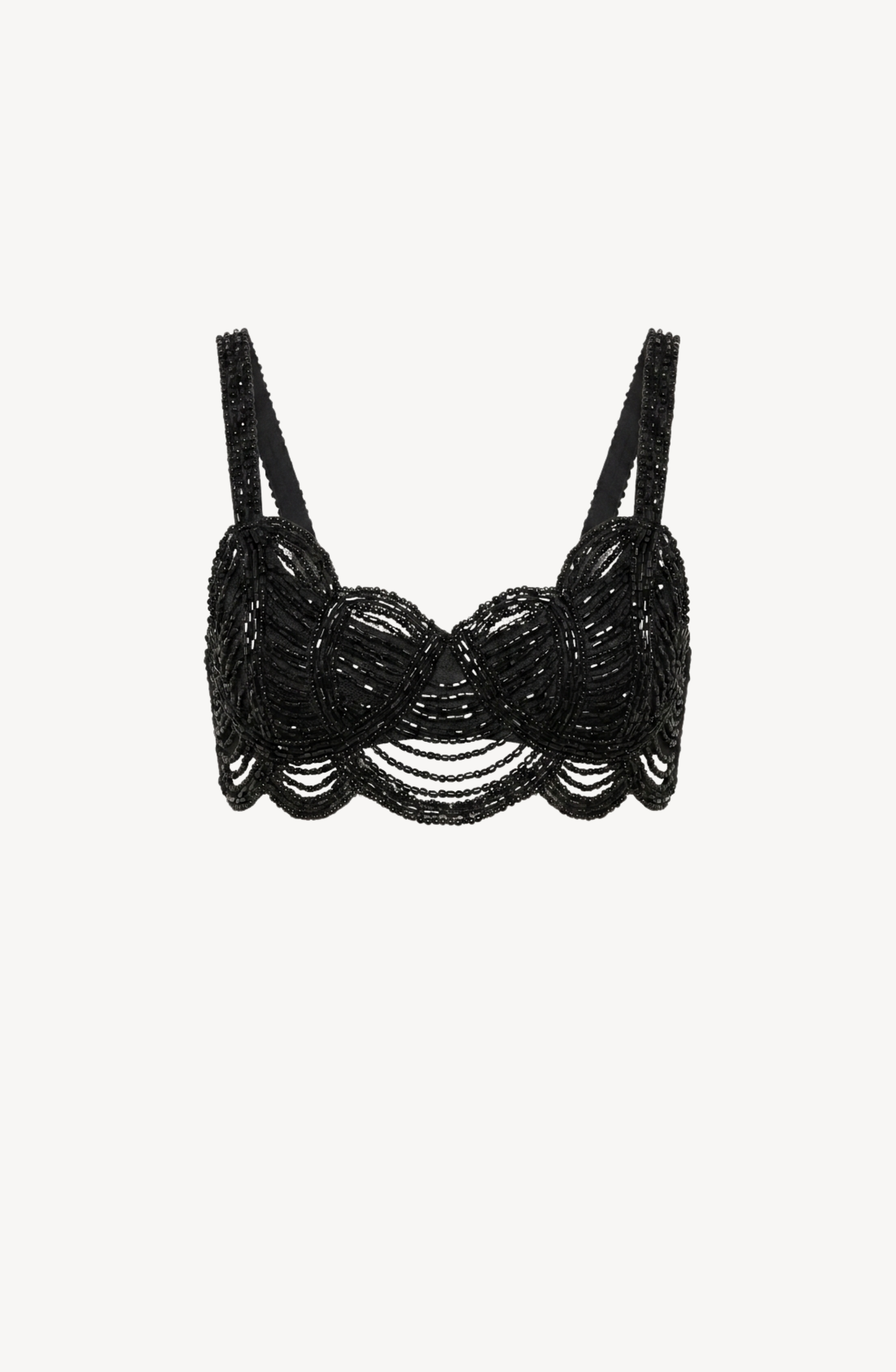 The Beaded Scalloped Bralette by LOULOU is a black, hand-embroidered piece featuring intricate beading, scalloped edges, thin straps, and a cropped silhouette, shown against a plain white background.