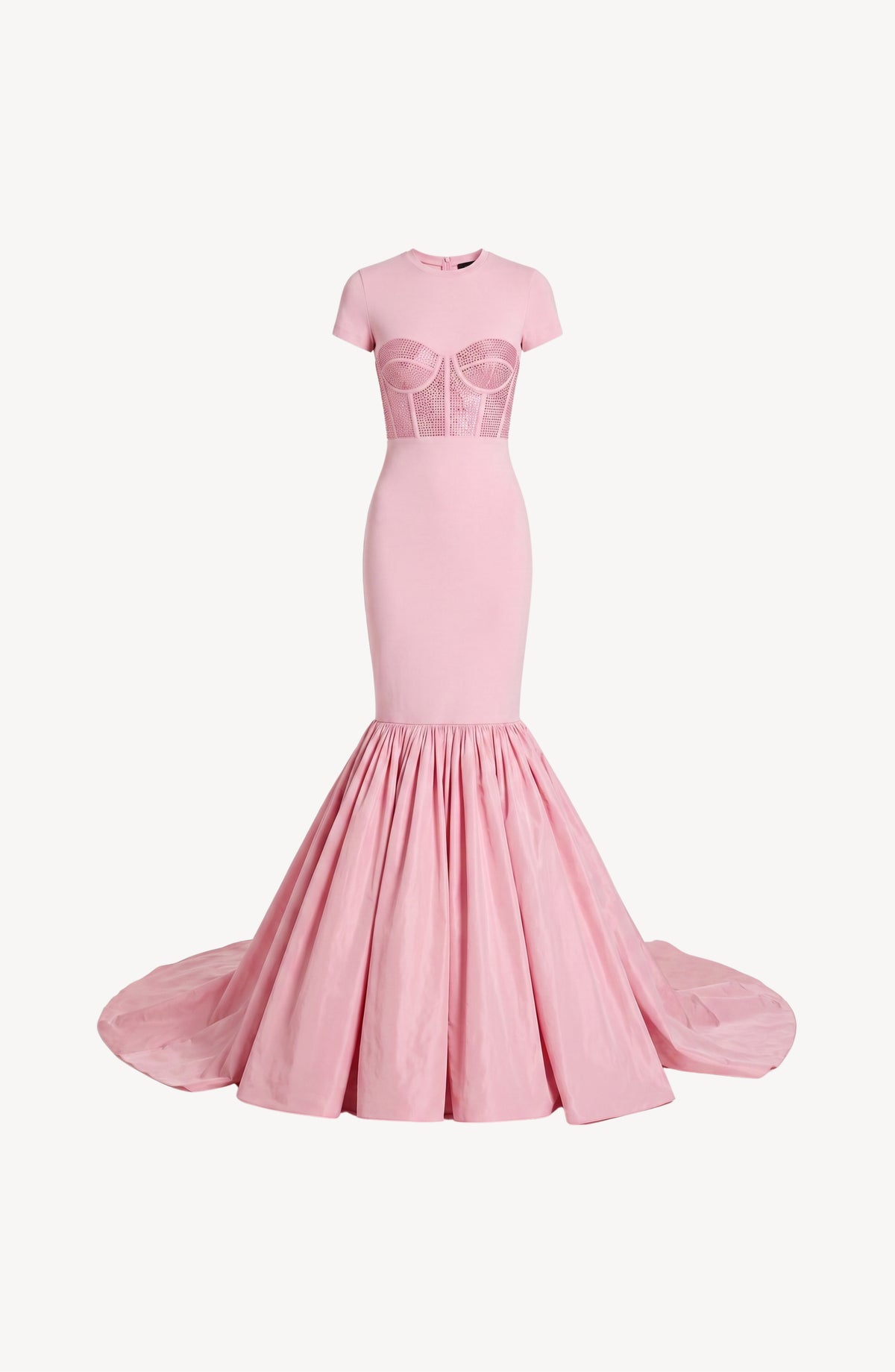The LOULOU Corset Mermaid Gown is crafted from pink silk taffeta and features a fitted bodice, short sleeves, crystal-embellished corset detailing, and a dramatic mermaid silhouette with a floor-pooling flared skirt.