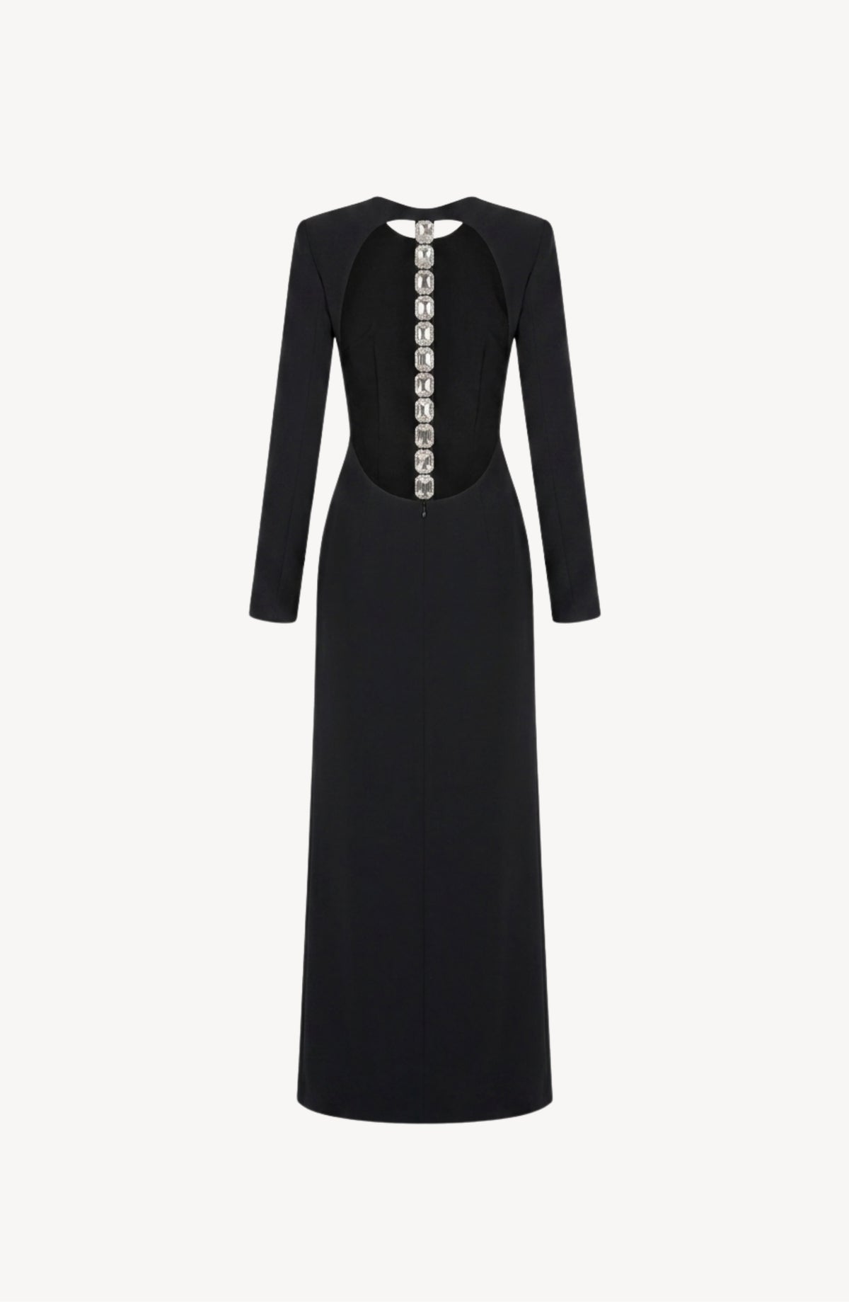The LOULOU Crepe Maxi Dress features long sleeves, a floor-length black crepe silhouette with a fitted waist, and decorative silver buttons accenting the open back.