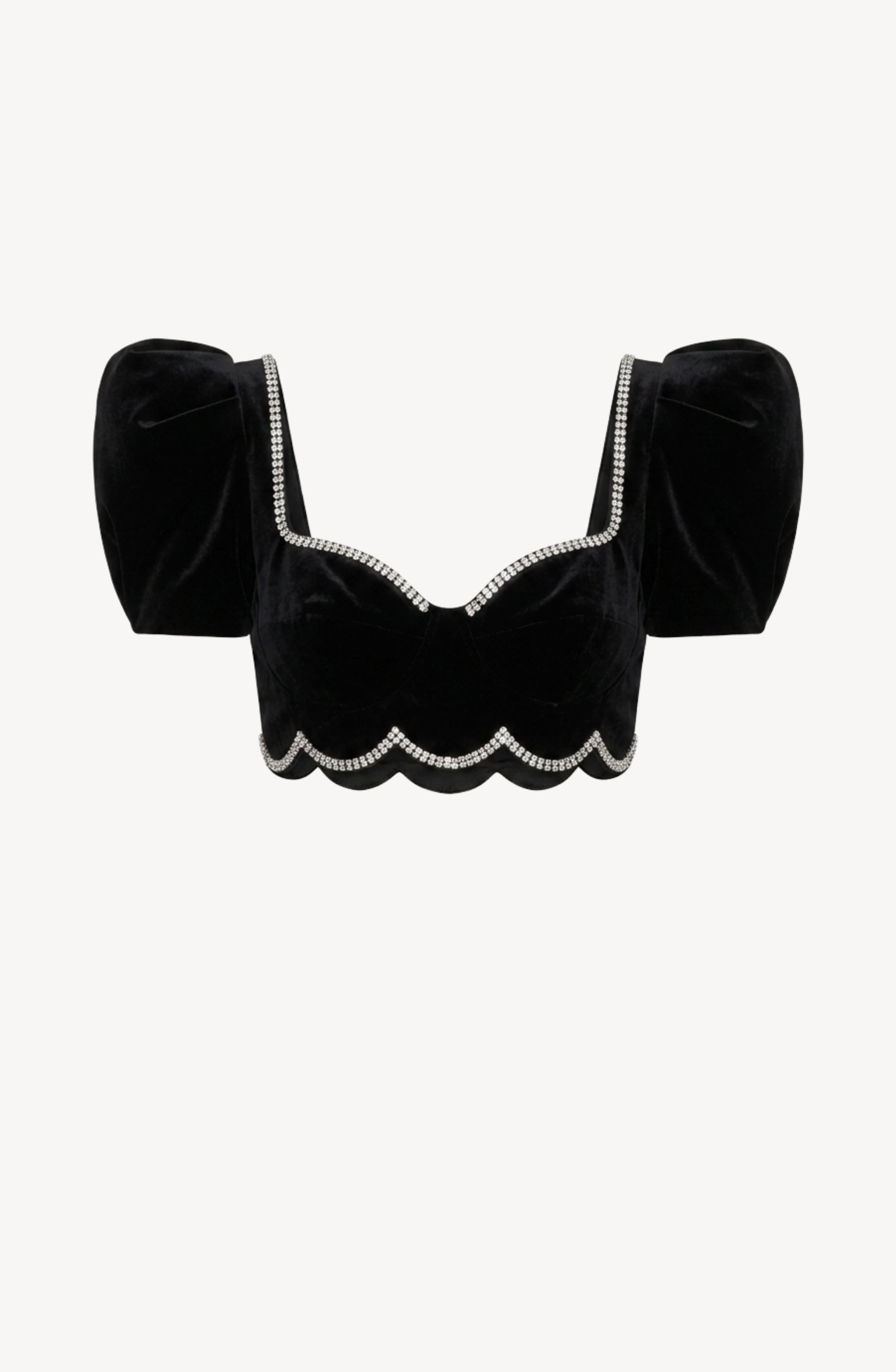 The LOULOU Crystal-Trim Velvet Crop Top is a black velvet bustier crop top featuring puff sleeves, a scalloped hem, and rhinestone trim along the neckline and edges, shown against a plain white background.