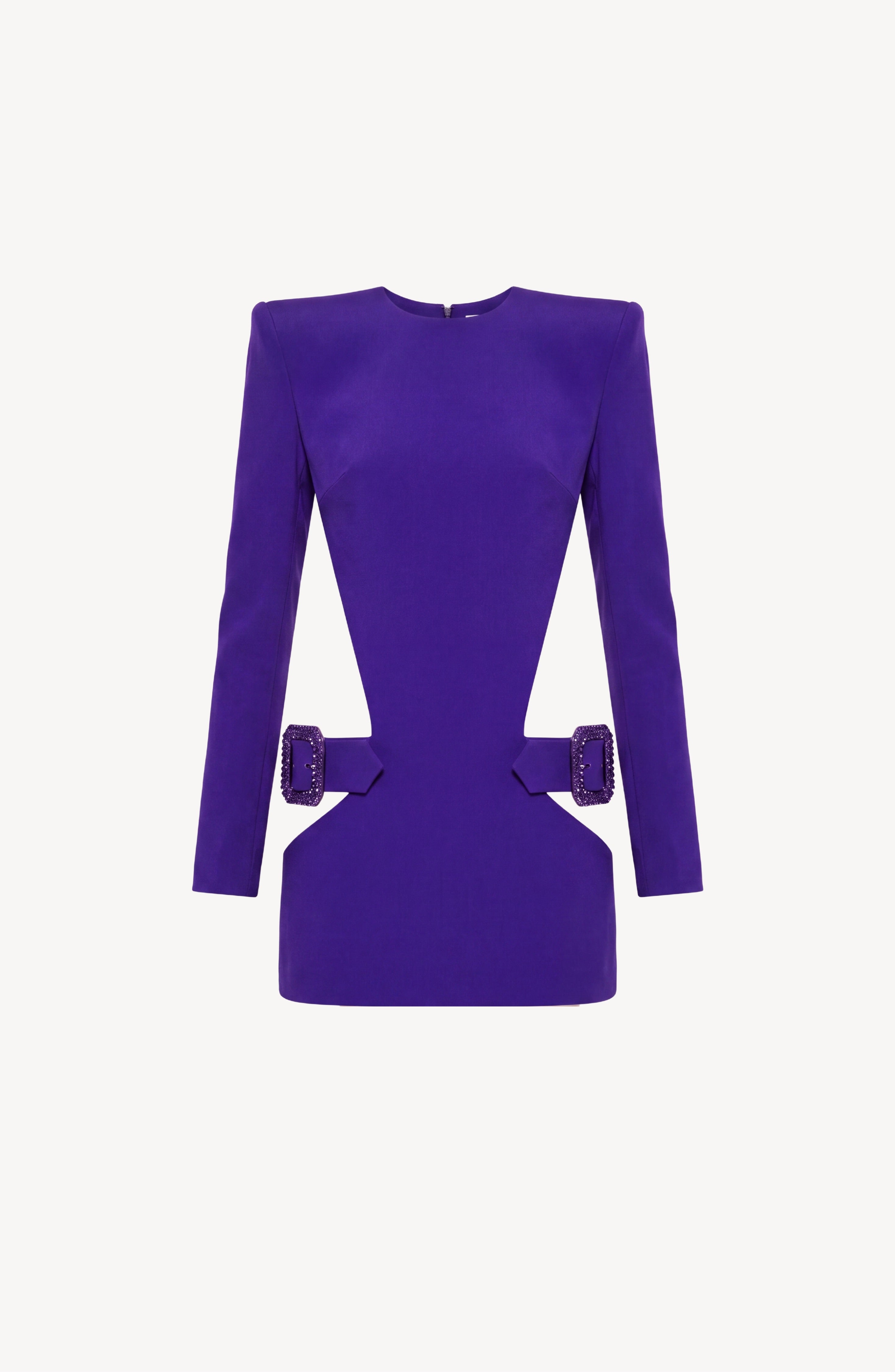 Introducing the LOULOU Crystal Buckle Cutout Mini Dress: a striking, long-sleeve mini dress in bold royal purple crepe with strong shoulders and a fitted waist. This modern silhouette is defined by two large crystal-embellished buckles at the hips and remains free of any visible patterns.