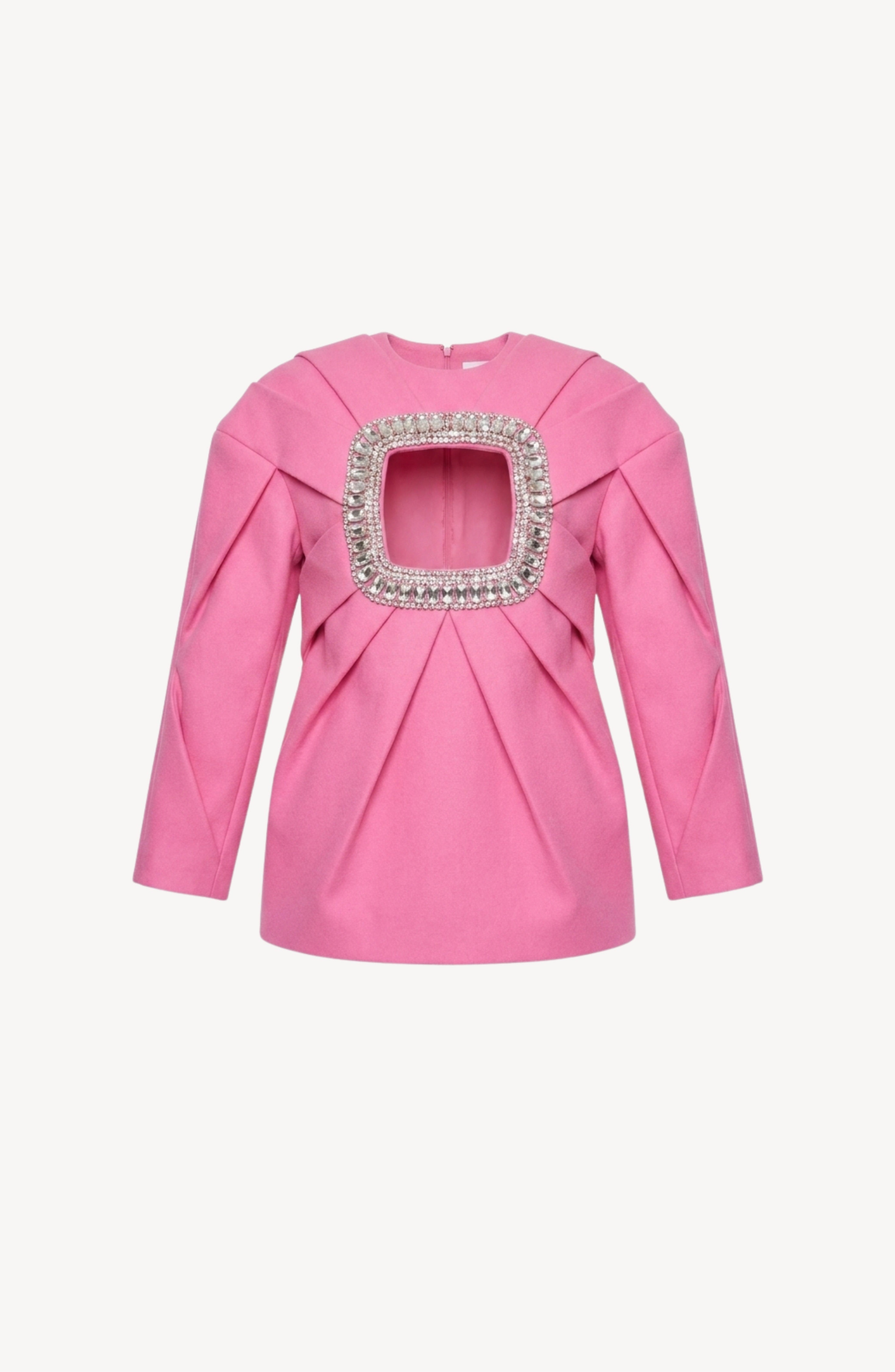 LOULOU's Crystal Cutout Mini Dress features geometric pleats and a bold square crystal-embellished cutout at the chest, combining striking detail with elegant long sleeves in a vibrant pink hue.