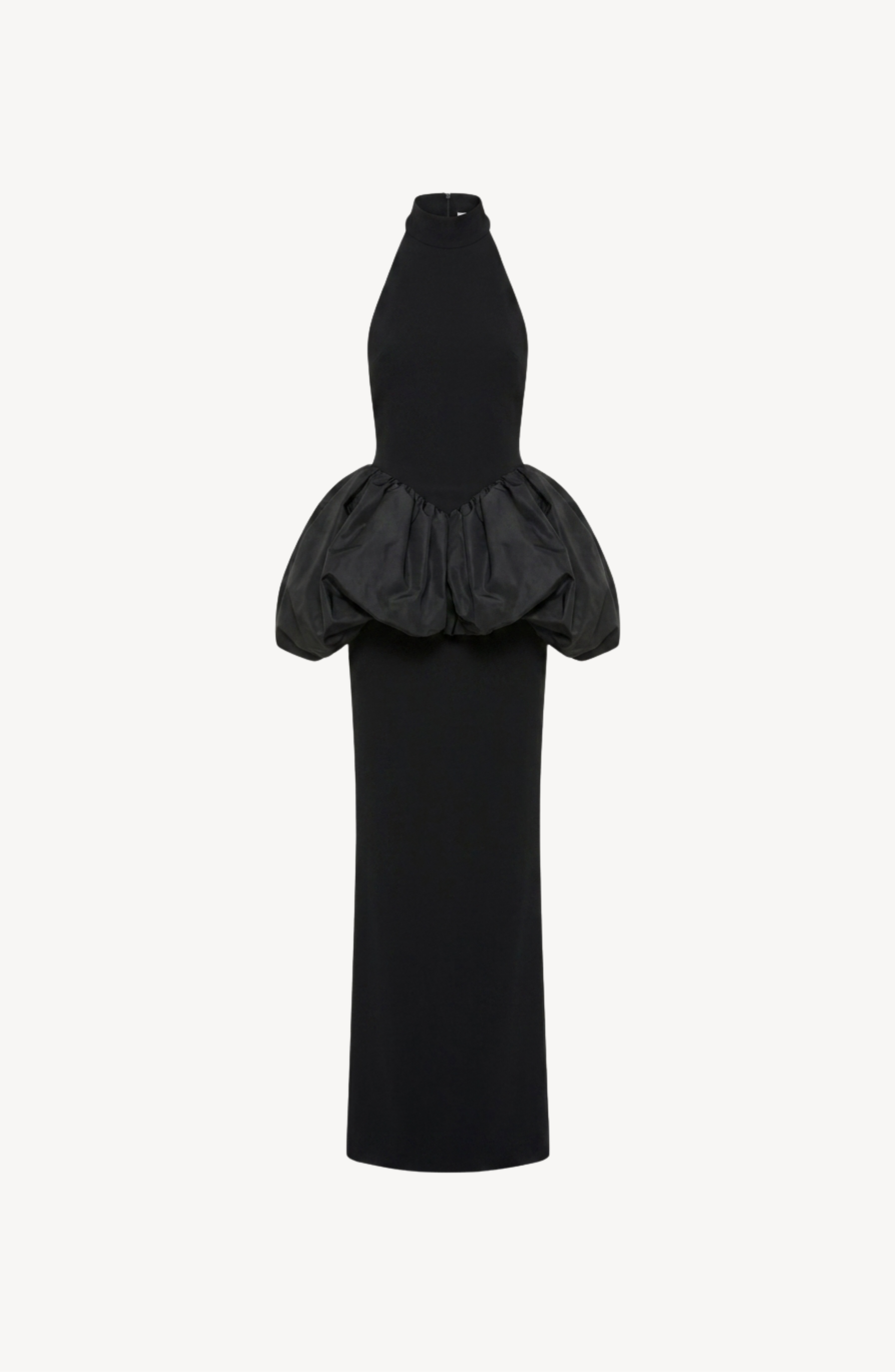 The LOULOU Crystal Trim Peplum Maxi Dress showcases a sleeveless black design with a high neckline and a fitted bodice, accentuated by a dramatic voluminous peplum at the waist. Its long, straight skirt enhances the bold, structured silhouette of this striking black maxi dress, beautifully presented against a plain white background.