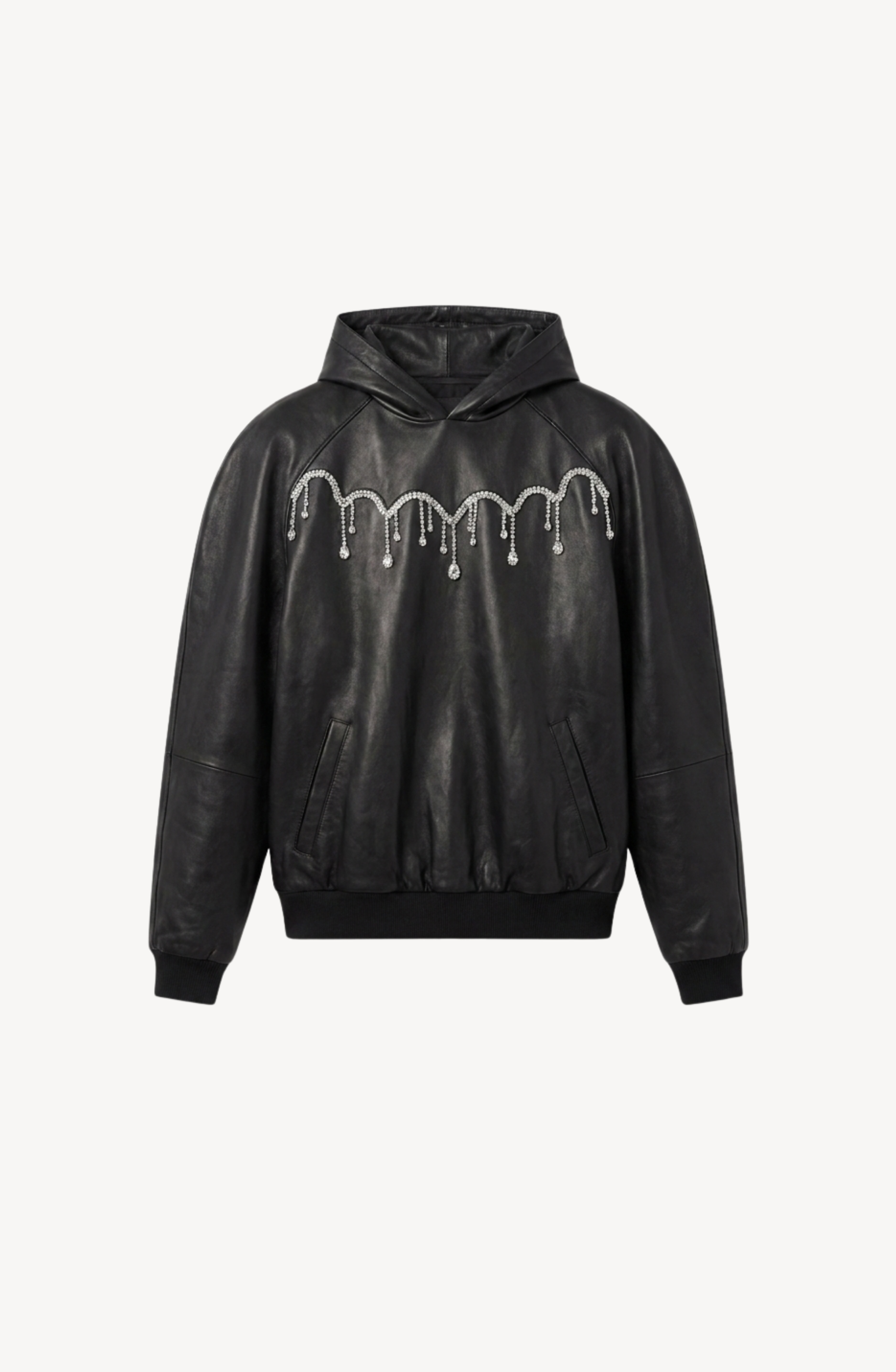 Introducing the Embellished Leather Hoodie by LOULOU—a black leather hoodie designed with a relaxed, oversized fit. This statement piece features front pockets, ribbed cuffs and hem, and a striking beaded dripped pattern across the chest reminiscent of necklace strands. Crystal chandelier embellishments add an extra touch of bold sophistication to this unique design.