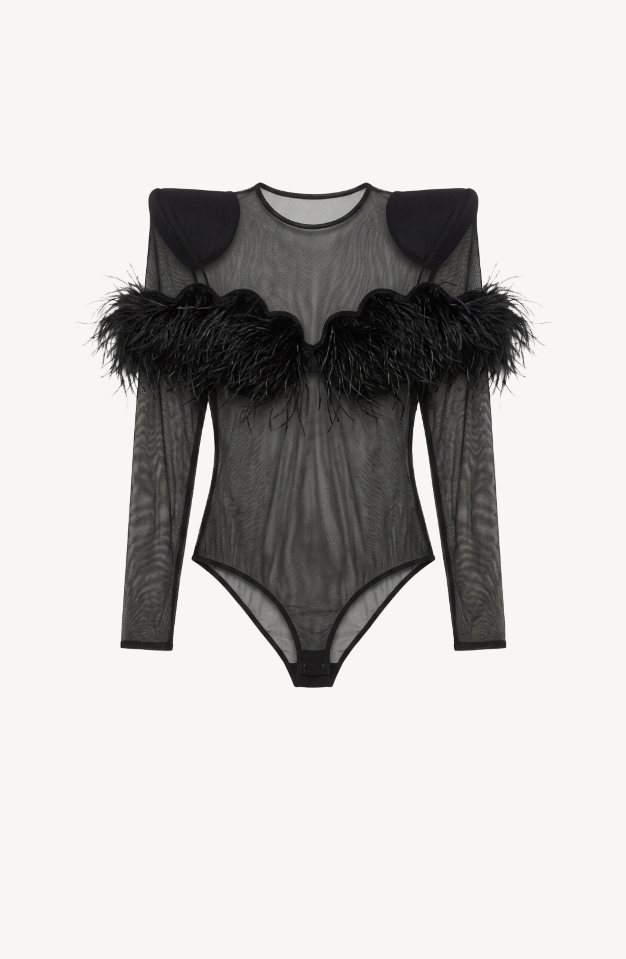 The LOULOU Feather Trim Mesh Bodysuit features a sheer black long-sleeve design with padded shoulders and feathery trim along the chest and upper arms.
