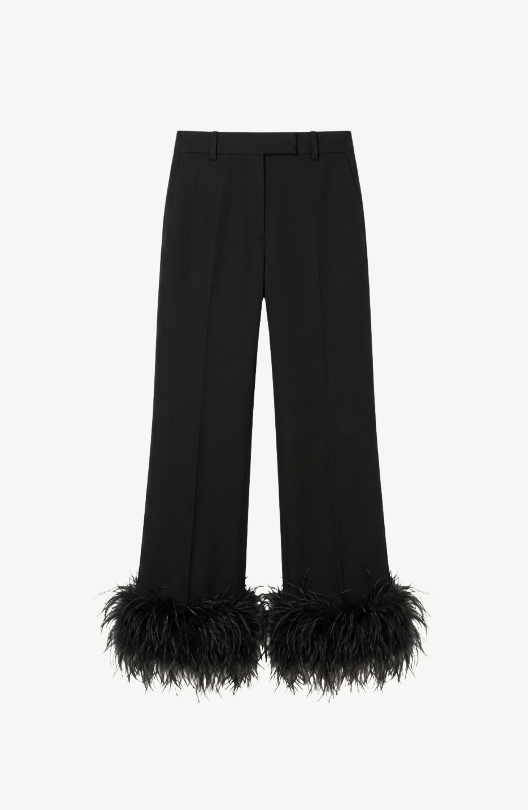 The LOULOU Feather Trim Tailored Trousers feature a wide-leg silhouette in black crepe with statement feather trim at the hem. Designed with belt loops, a front zipper, and practical side pockets, these trousers offer a sophisticated yet playful look that blends modern flair with classic tailoring.