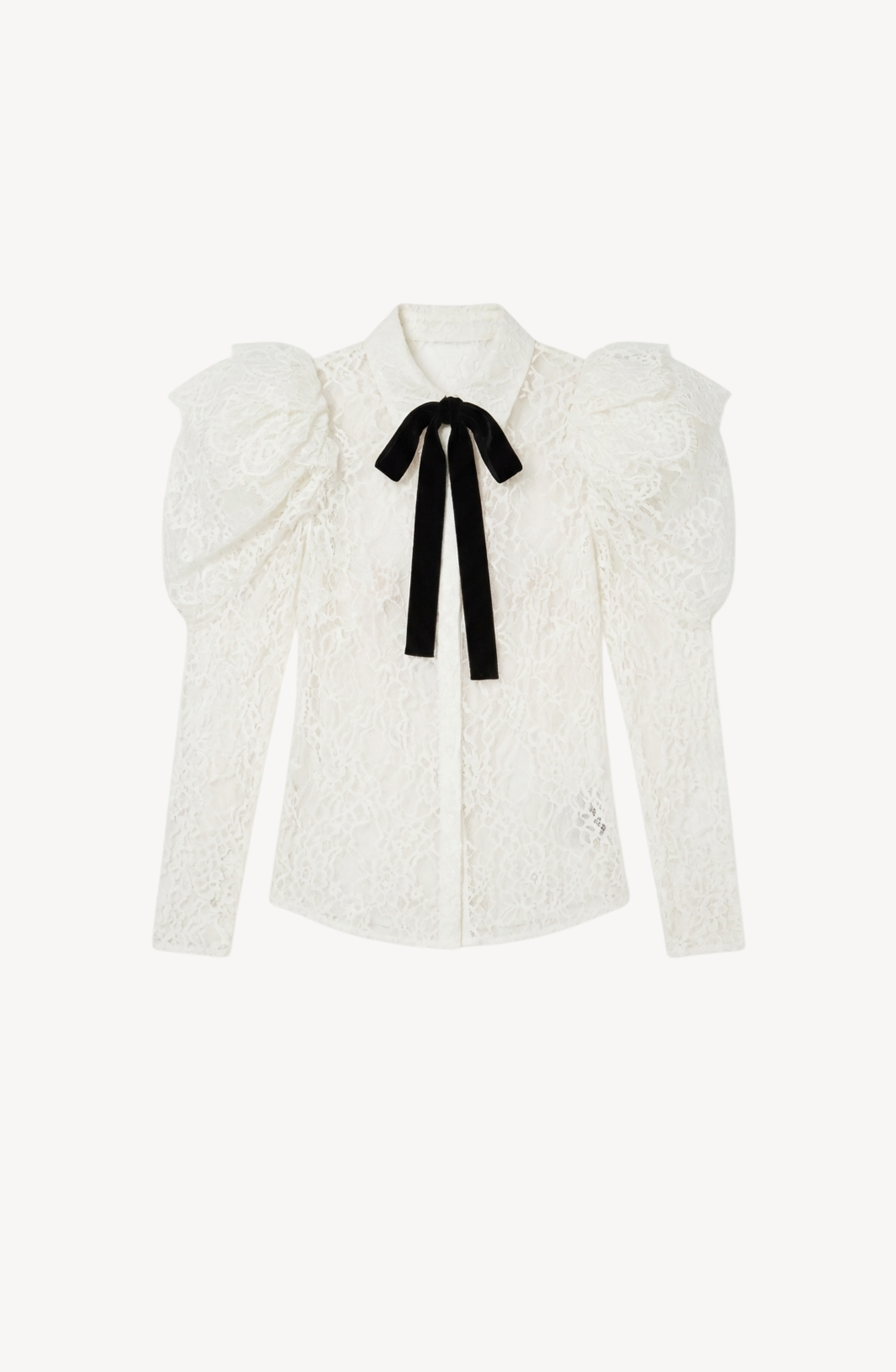 LOULOU Lace Puffed Sleeve Blouse featuring long sleeves, puffed shoulders, a pointed collar, and a black velvet bow tied at the neck.