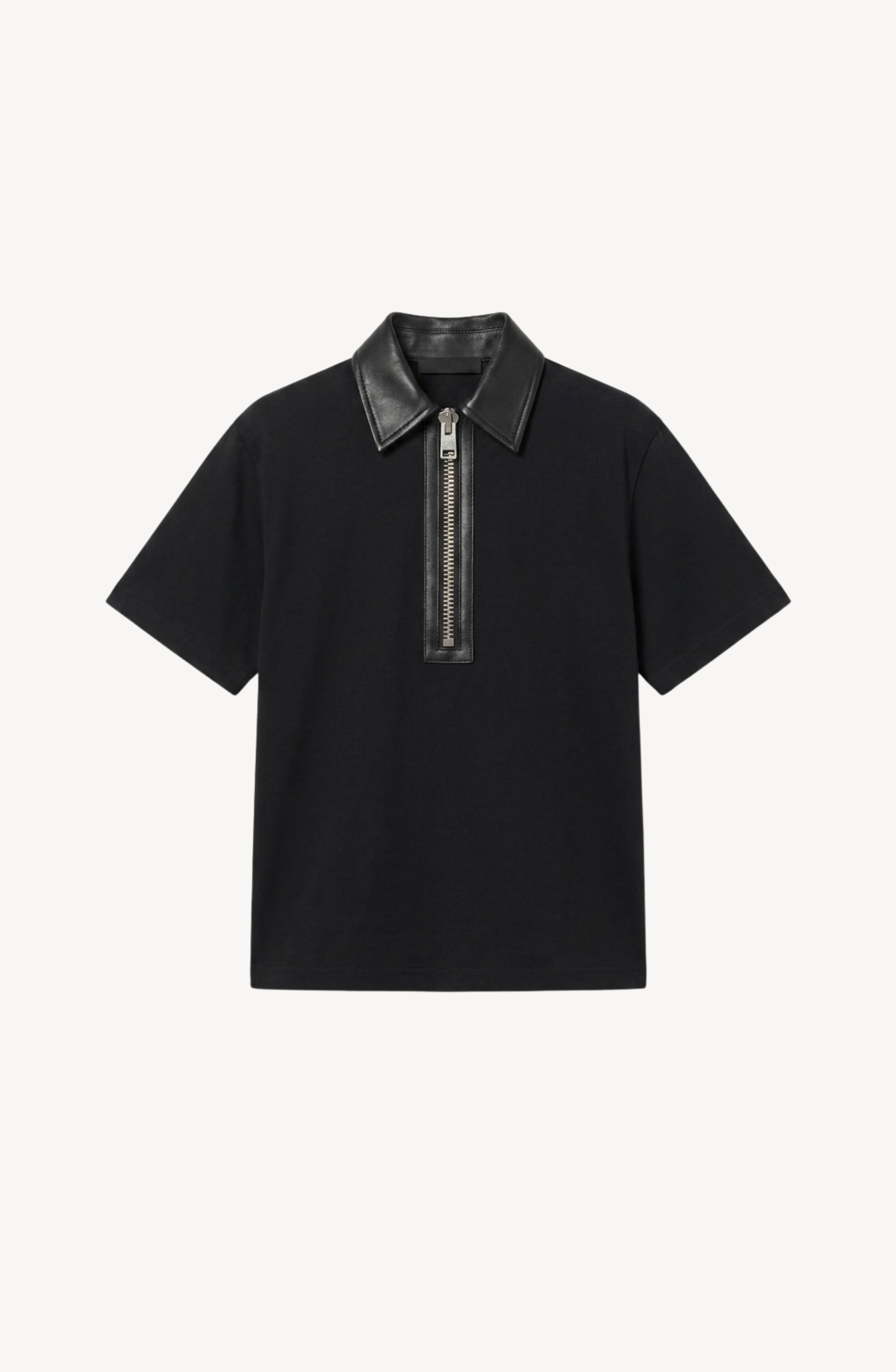 A LOULOU Beaded Skeleton Polo Top in jet black, featuring a leather collar and a silver front zipper, is displayed on a plain white background.