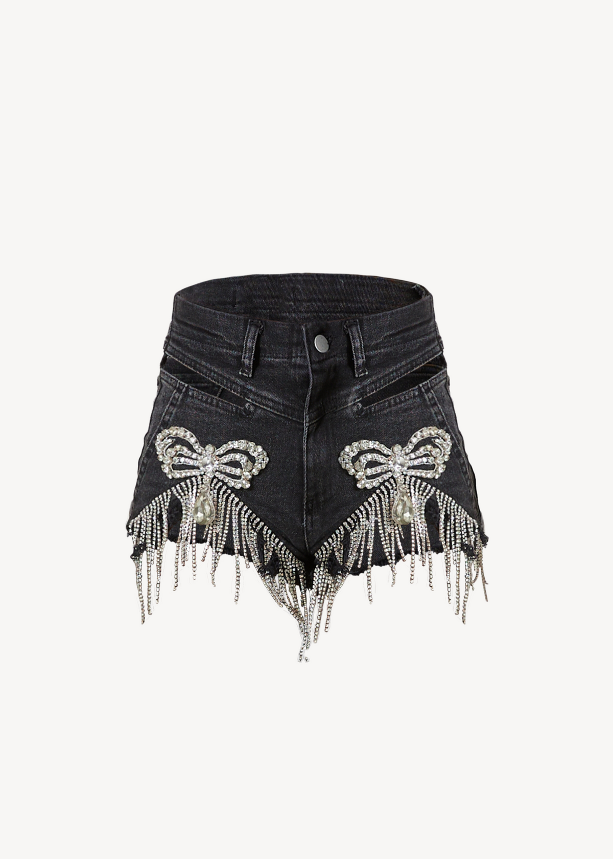 LOULOU Black Crystal Denim Shorts in high-waisted cotton feature a frayed hem, rhinestone bow accents, and crystal-embellished chains draping the front for an elegant touch.
