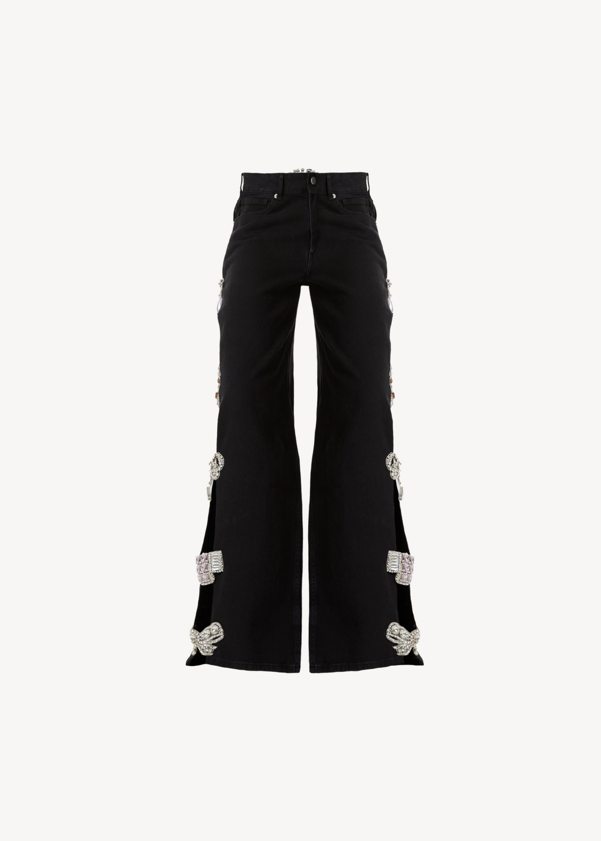 LOULOU Black Cut-Out Crystal Denim Jeans front view with high waist, straight-leg shape, lateral cut-out panels and crystal details along the seams.