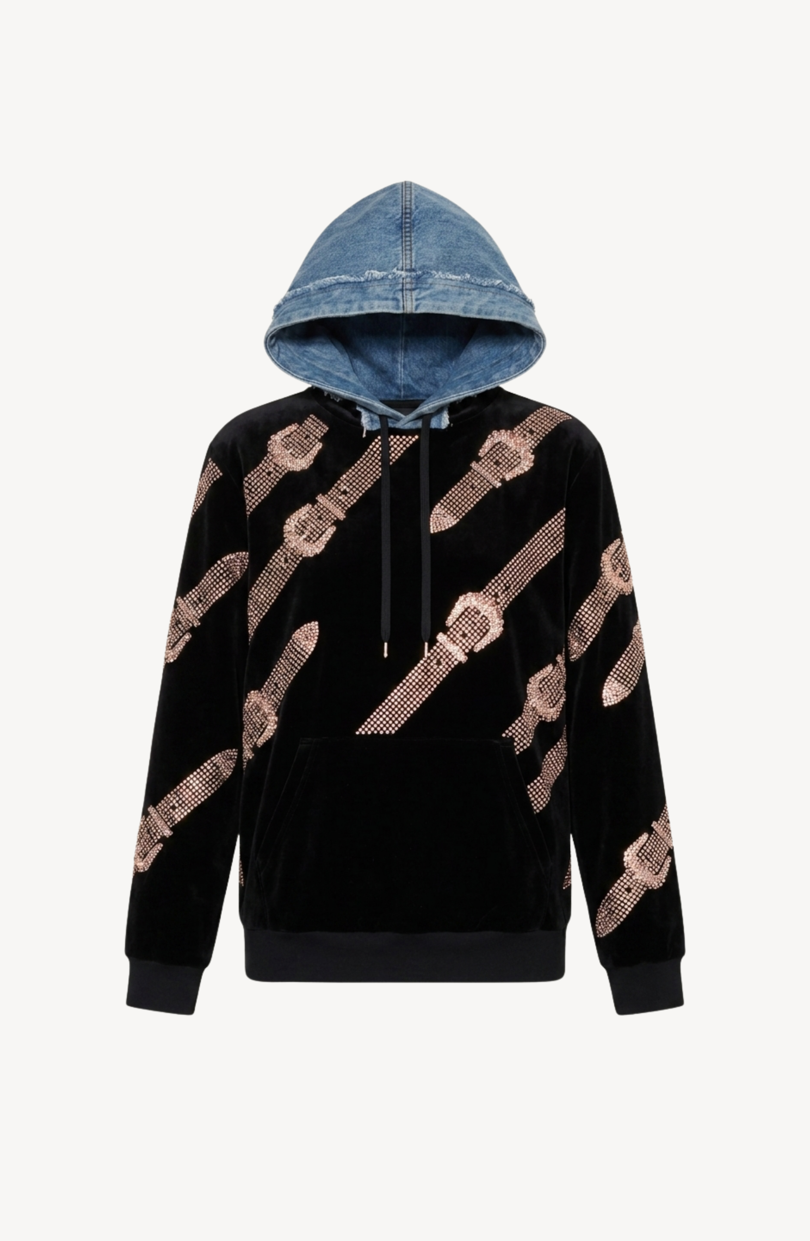 Introducing the LOULOU Crystal Belt Velvet Hoodie—a black velvet hoodie adorned with beige belt-inspired stripes and a bold blue denim hood. This fashion-forward piece features a front pocket, black drawstrings, and the signature contrast of its unique denim hood for an eye-catching look.