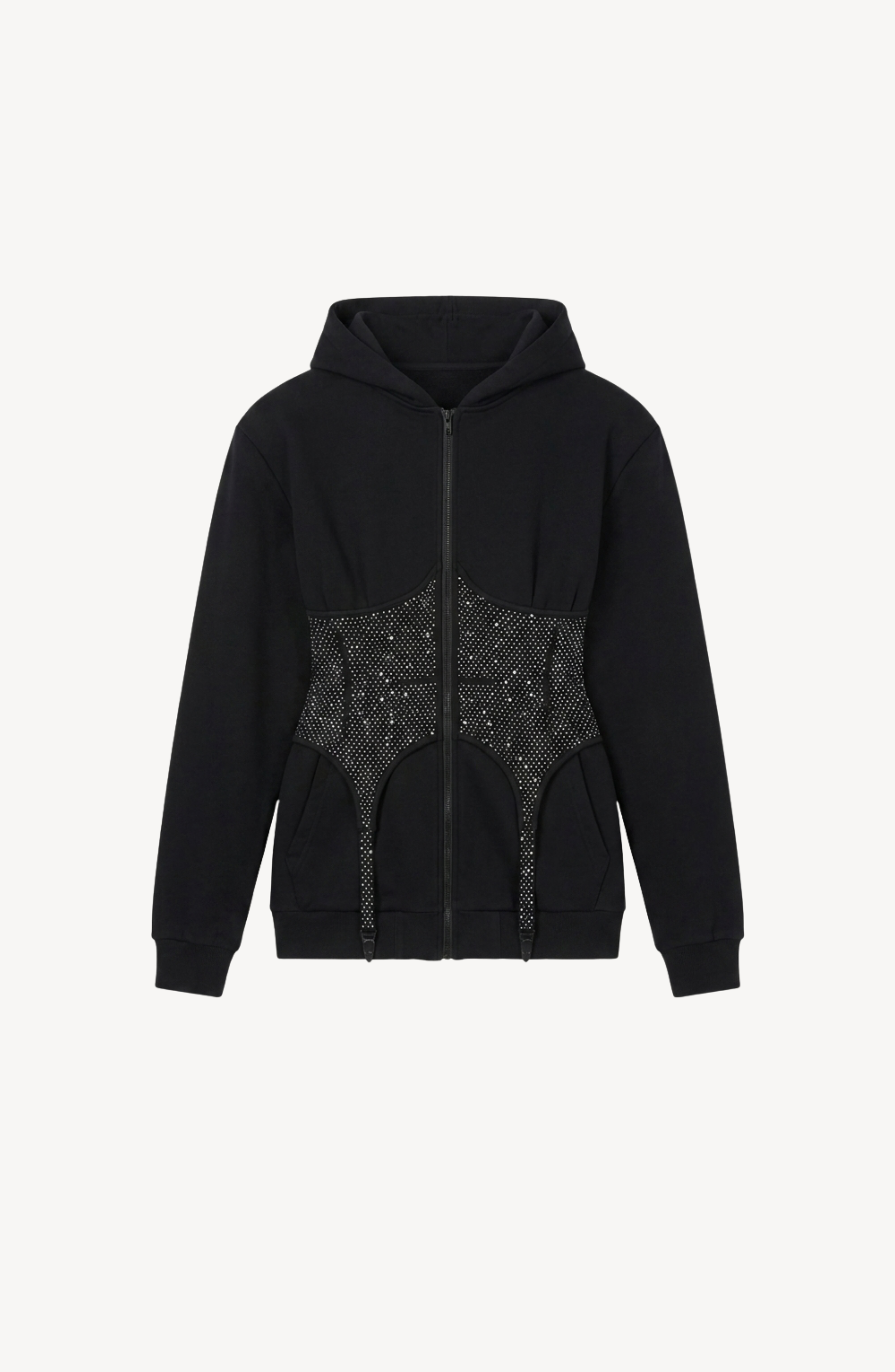 Introducing the LOULOU Crystal Corset Zip Hoodie in jet black, featuring a distinctive web-like textured pattern radiating from the front center. This hoodie offers long sleeves, convenient front pockets, and a relaxed fit with an understated structured silhouette, showcased against a plain white background.