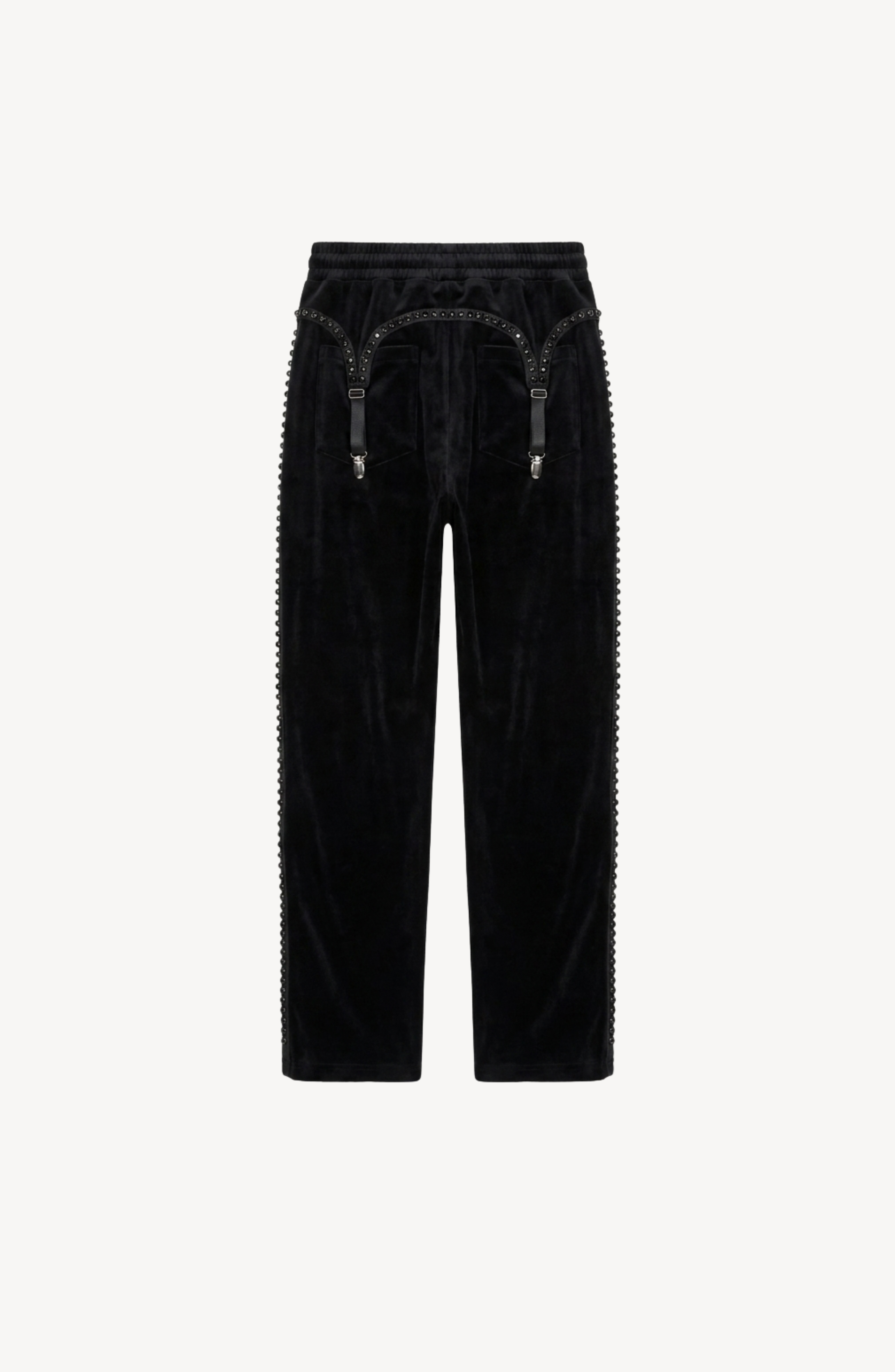 LOULOU Crystal Suspender Velvet Trousers in black, designed with straight legs, crystal-embellished stripes along the side seams, and suspender details at the waistband, shown against a white background.