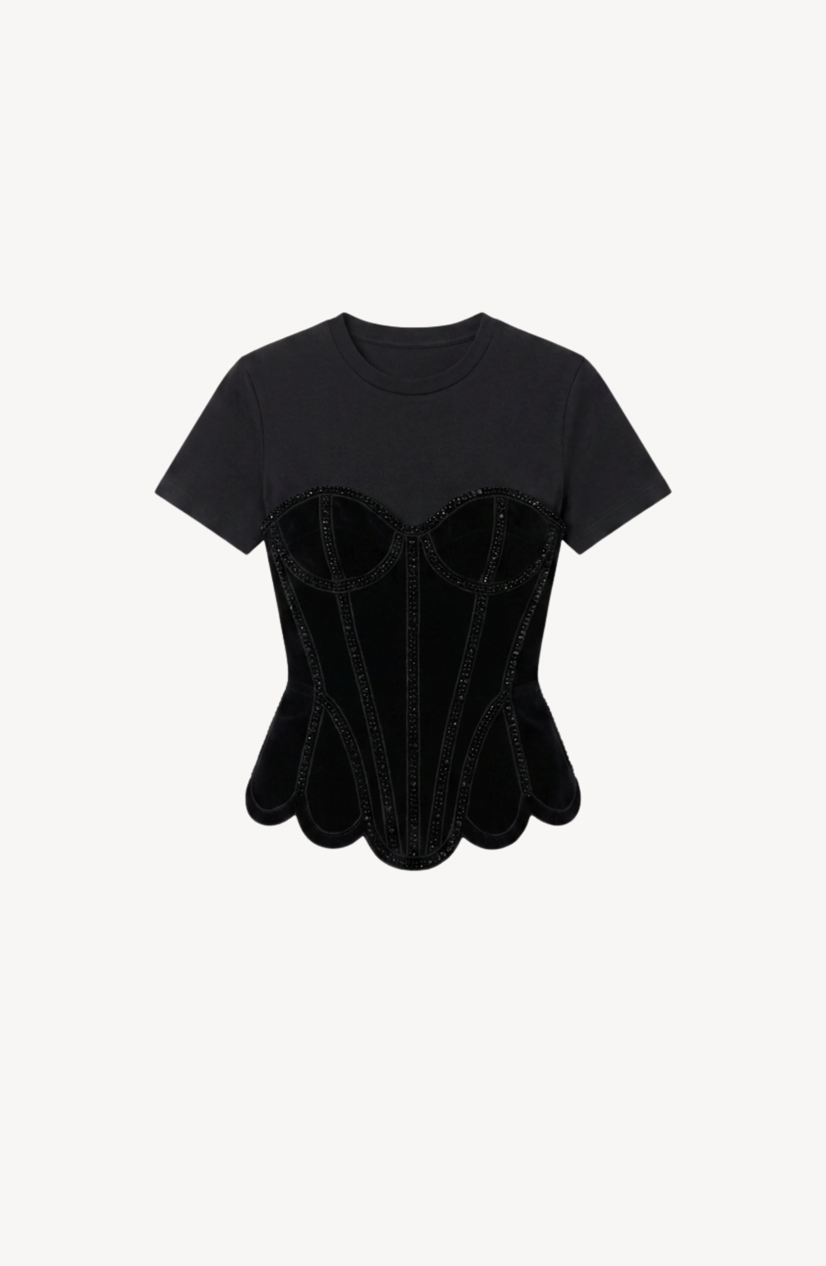 The LOULOU Crystal Velvet Corset T-Shirt, made from black cotton jersey, showcases short sleeves and scalloped edges for a fitted, structured silhouette, presented against a plain white background.
