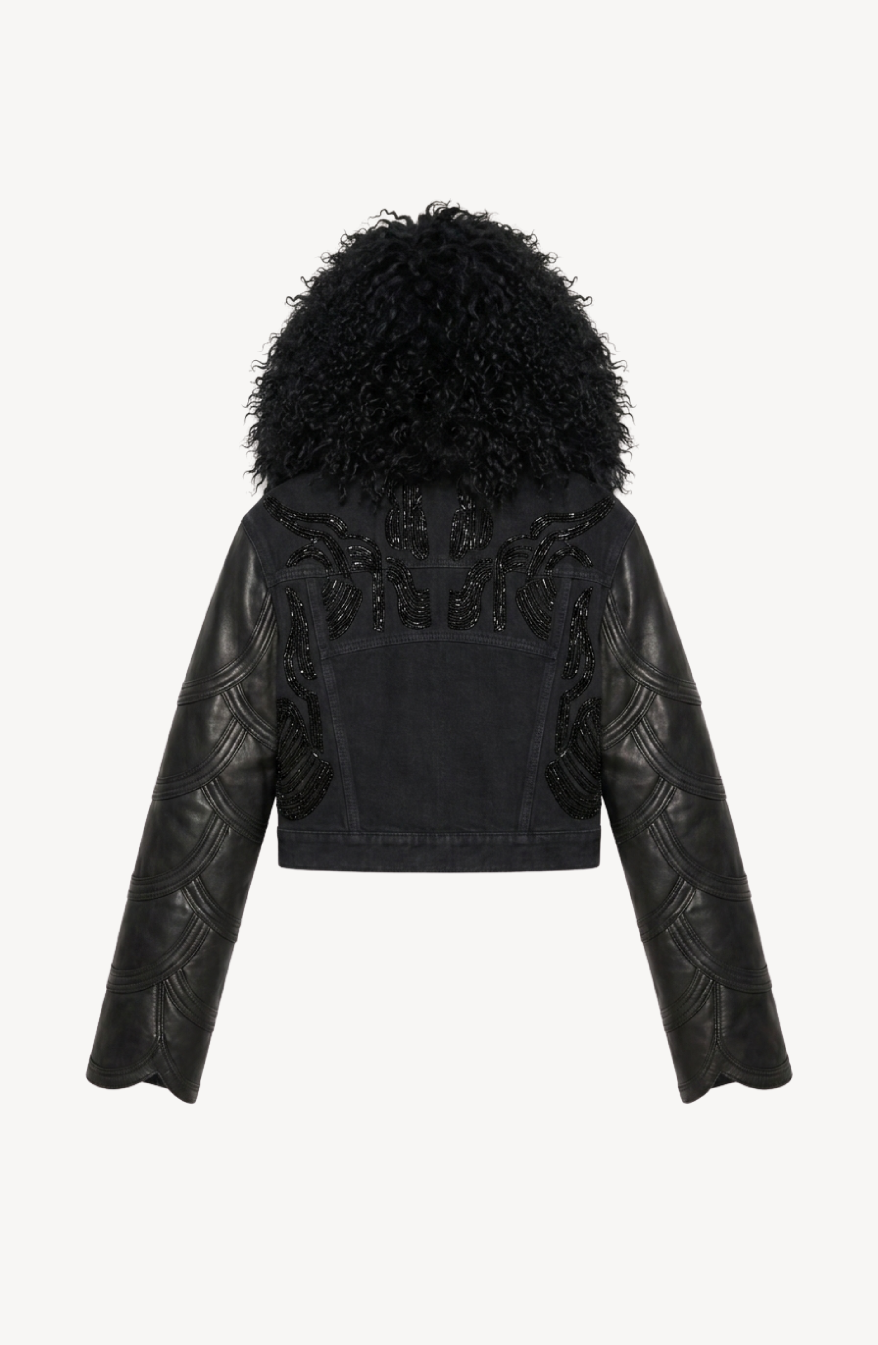 The LOULOU Embellished Denim Leather Jacket features a black cropped design with a textured curly black shearling collar, decorative stitching, bead detailing on the back, and quilted leather sleeves, displayed against a plain white background.
