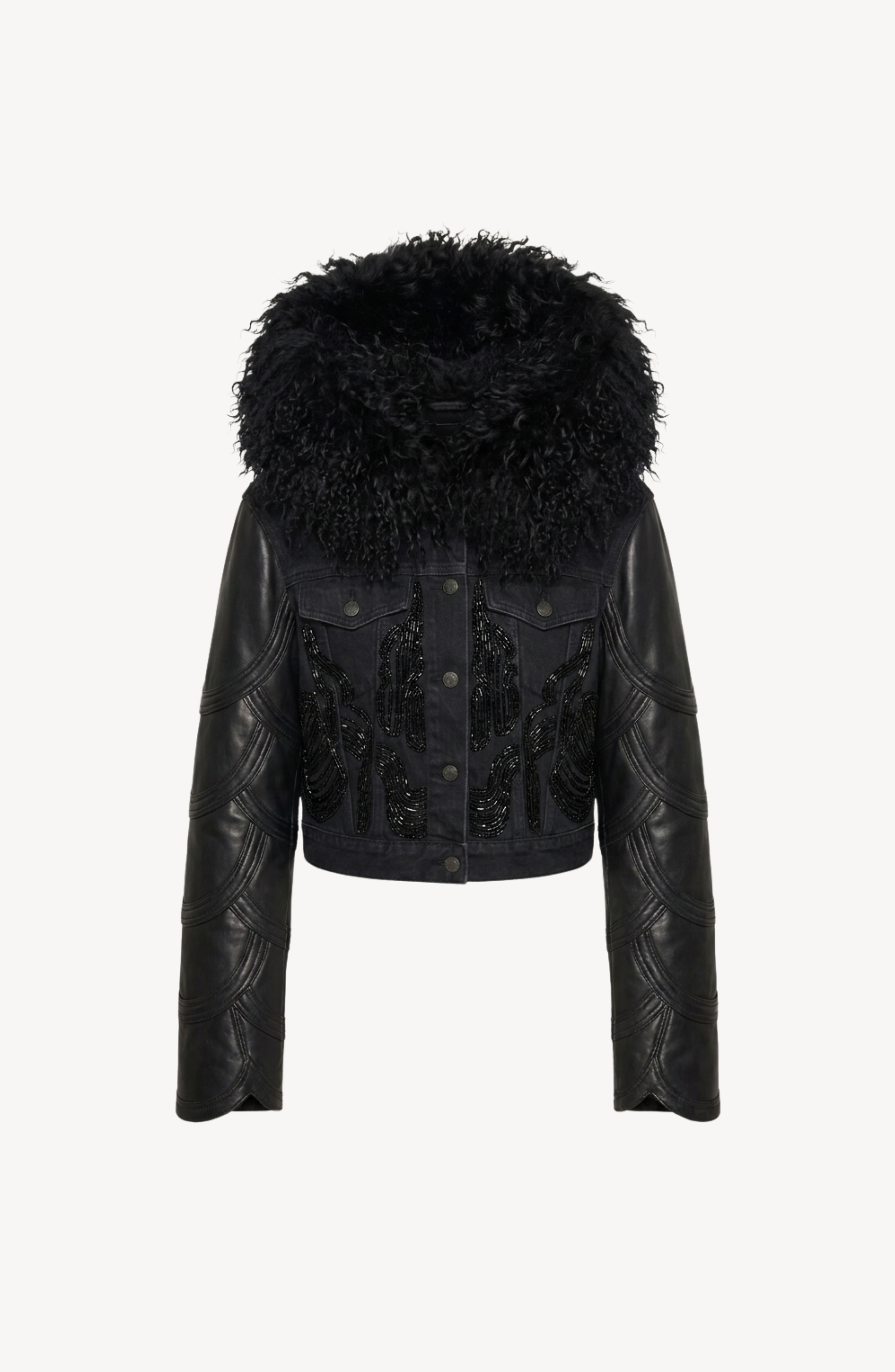 Introducing the Embellished Denim Leather Jacket by LOULOU—a cropped black jacket featuring intricate beaded embroidery, quilted leather sleeves, and a large, plush shearling collar. With button closures and a bold, stylish look, this piece is perfect for those who want an elevated cropped jacket with standout details.