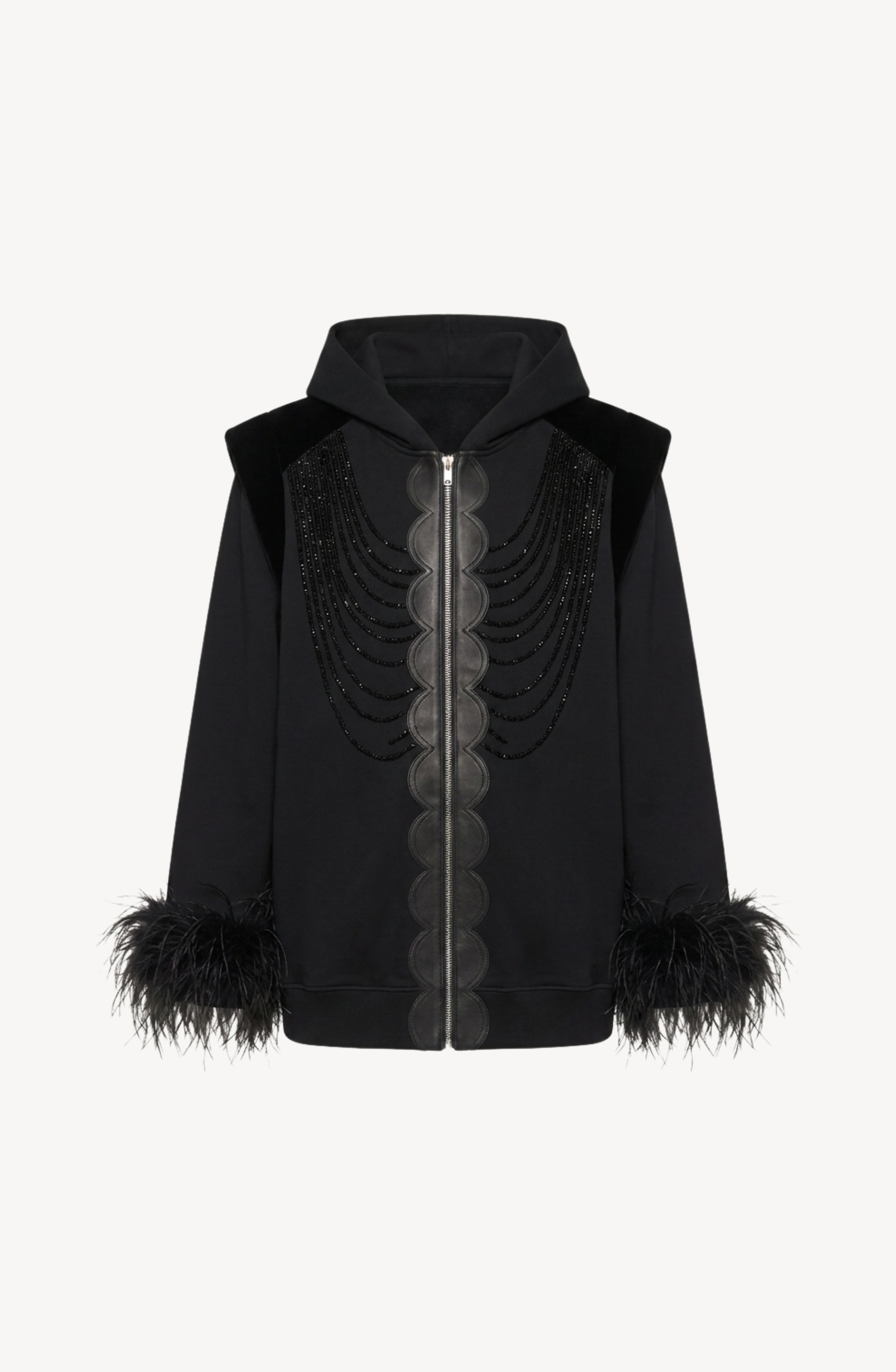 The LOULOU Embellished Feather Trim Zip Hoodie features an oversized jet black silhouette with scalloped leather trim, bead embellishments on the chest, and luxurious feather-trimmed sleeve cuffs for a uniquely decorative look.