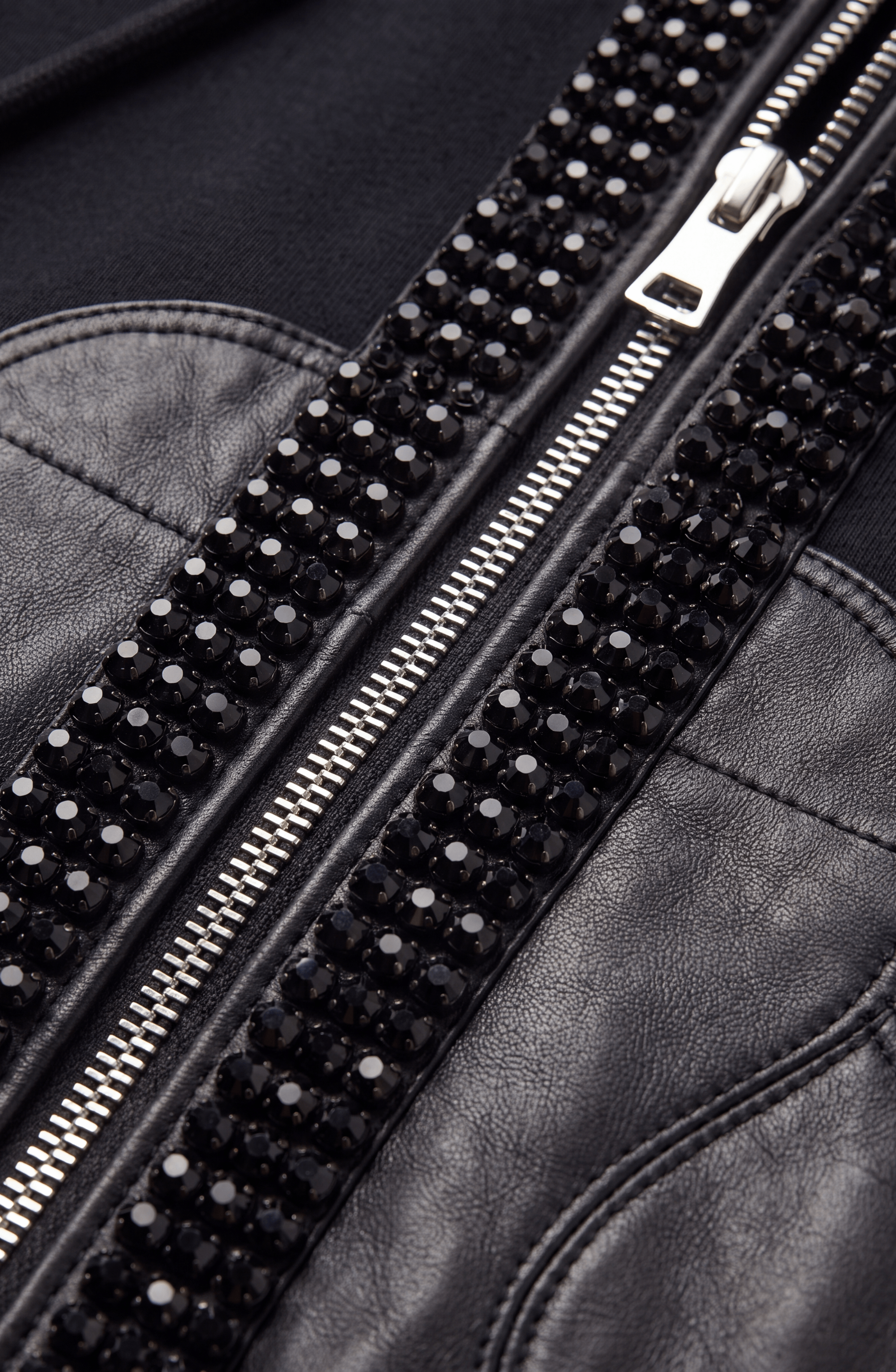 Embellished Leather Panel Zip Hoodie