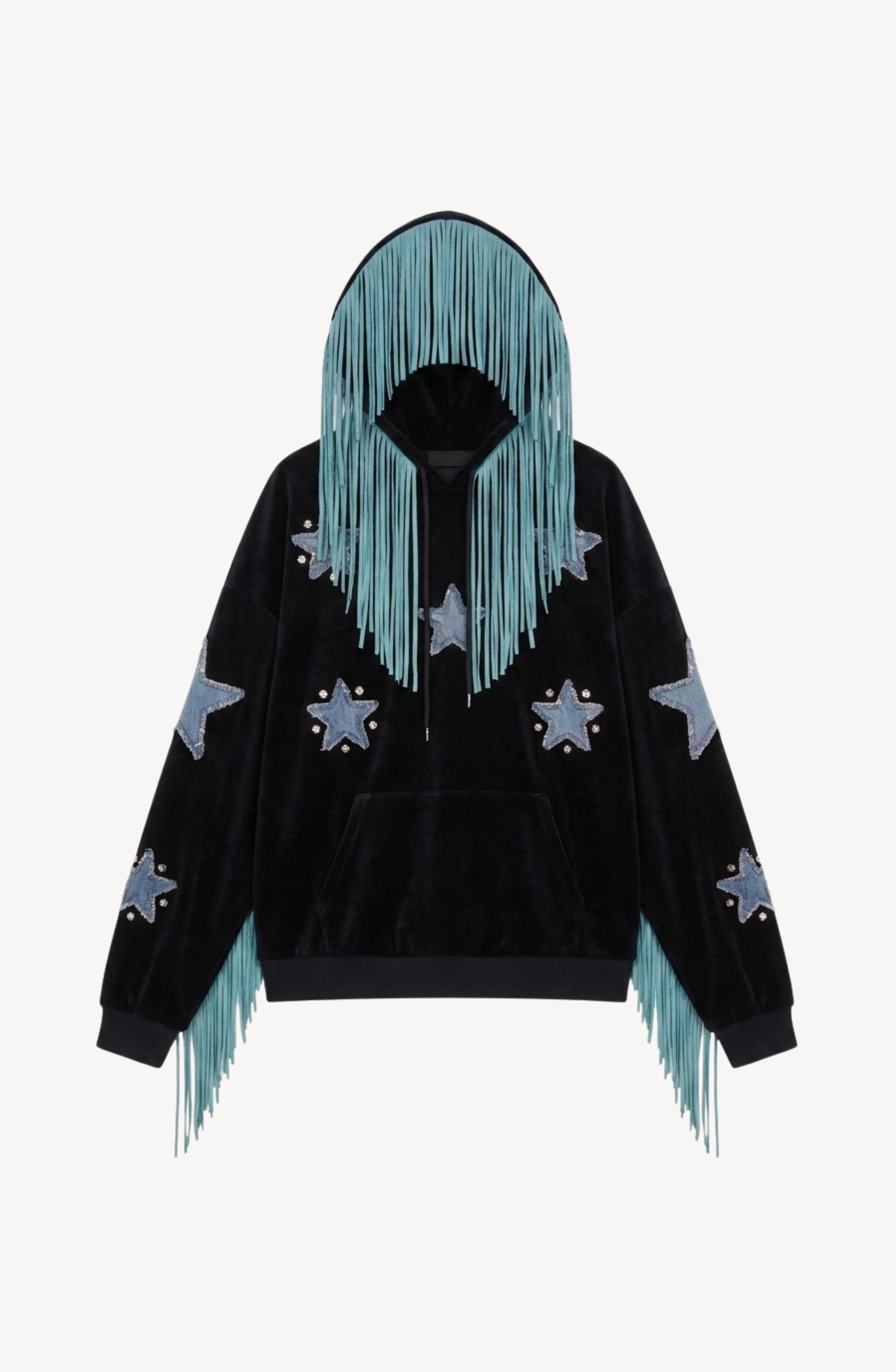 Introducing the LOULOU Fringed Star Velvet Hoodie—a black velvet hoodie featuring blue fringe along the hood and sleeves, adorned with oversized denim star appliqués. The dramatic fringe cascades over the front and arms for a standout, original style, while sparkling crystal embellishments add extra shimmer. Designed with a front pocket and ribbed cuffs for both comfort and flair.
