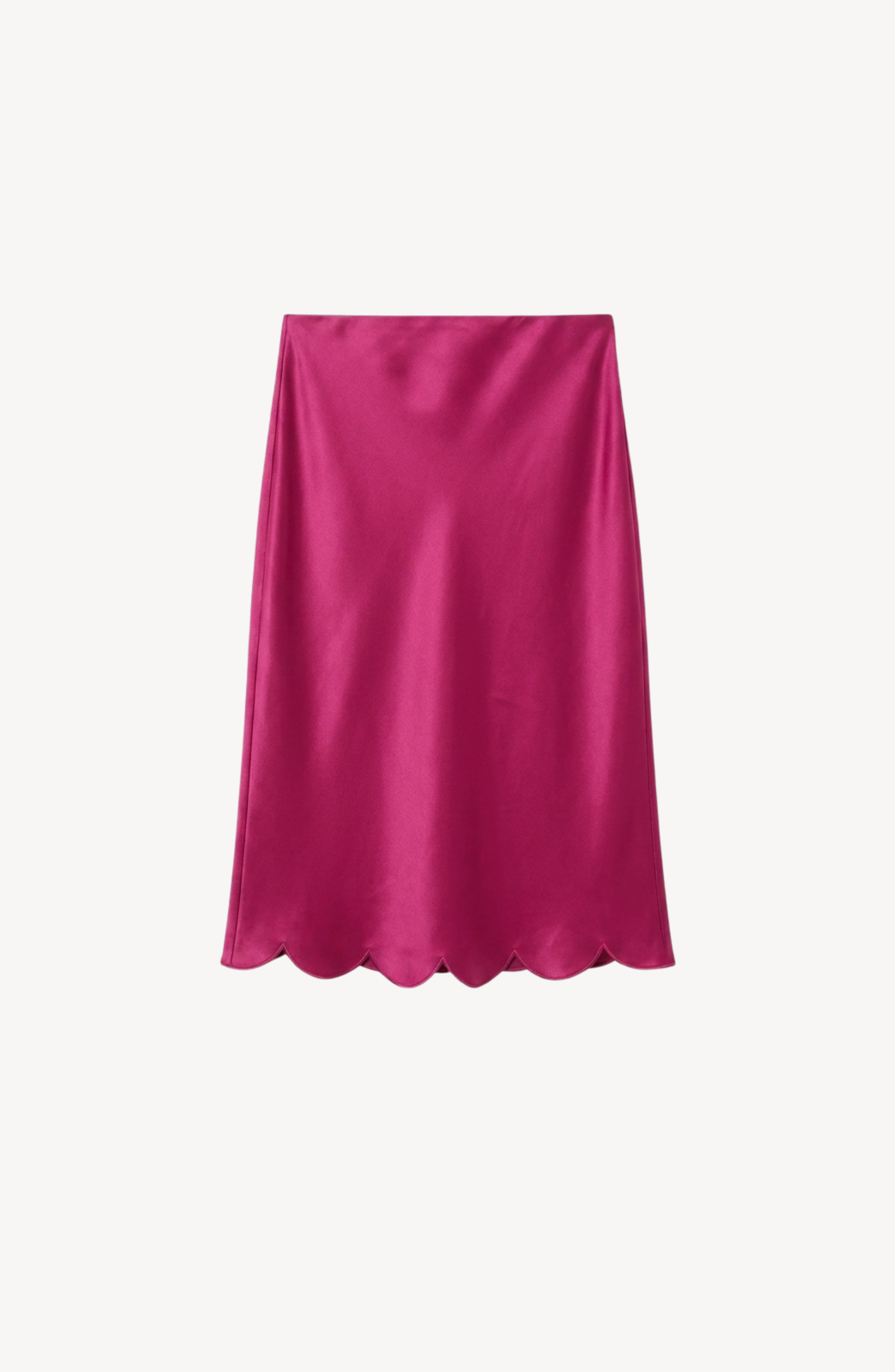 The LOULOU Fuchsia Silk Skirt features smooth satin fabric and a scalloped hemline, shown against a white background.