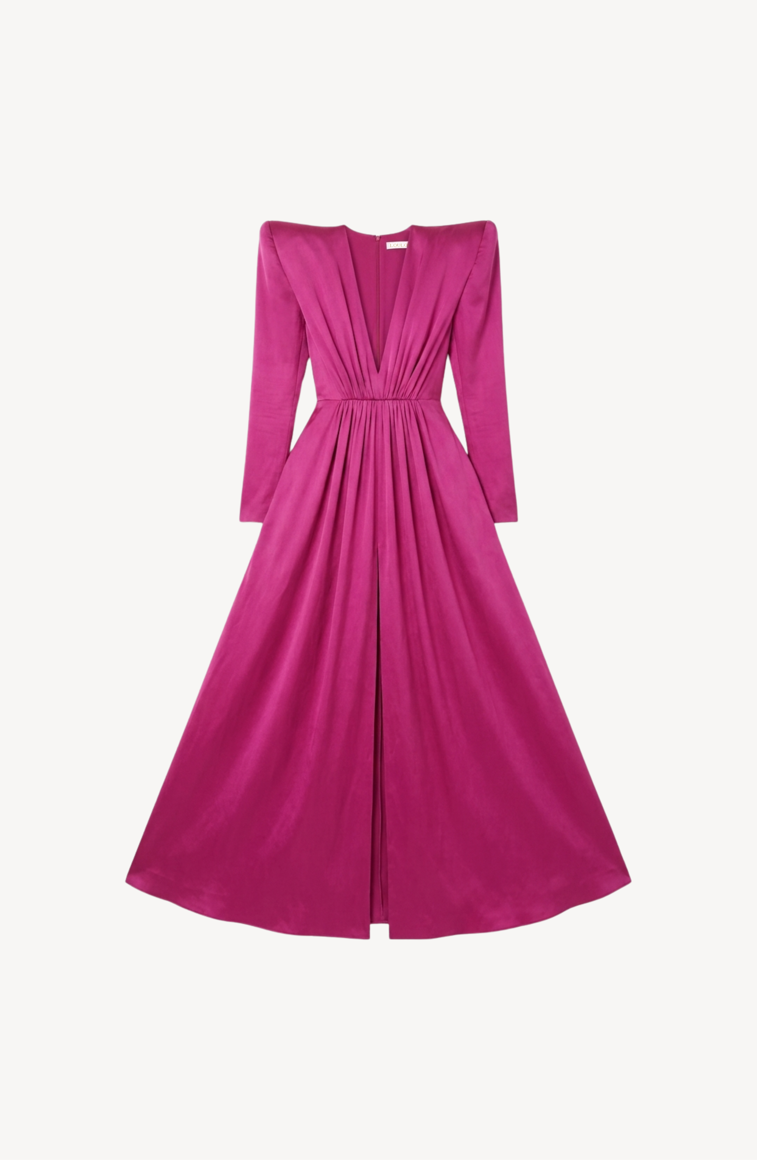 The LOULOU Magenta Satin Gown features a deep V-neckline, full-length silhouette, cinched waist, gathered pleats, structured shoulders, and a front slit—elegantly displayed on a plain white background.