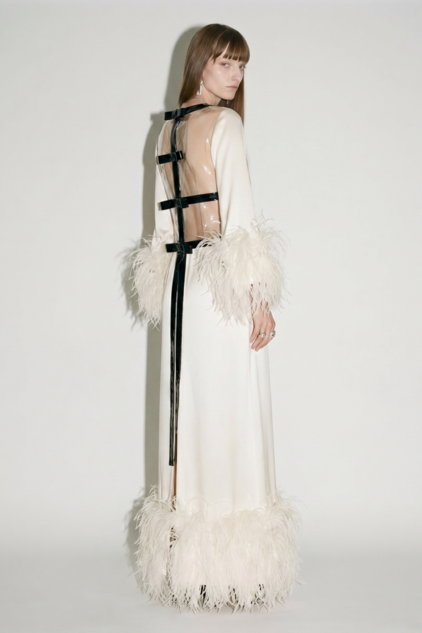 Ivory sheer back feather trim robe styled on model