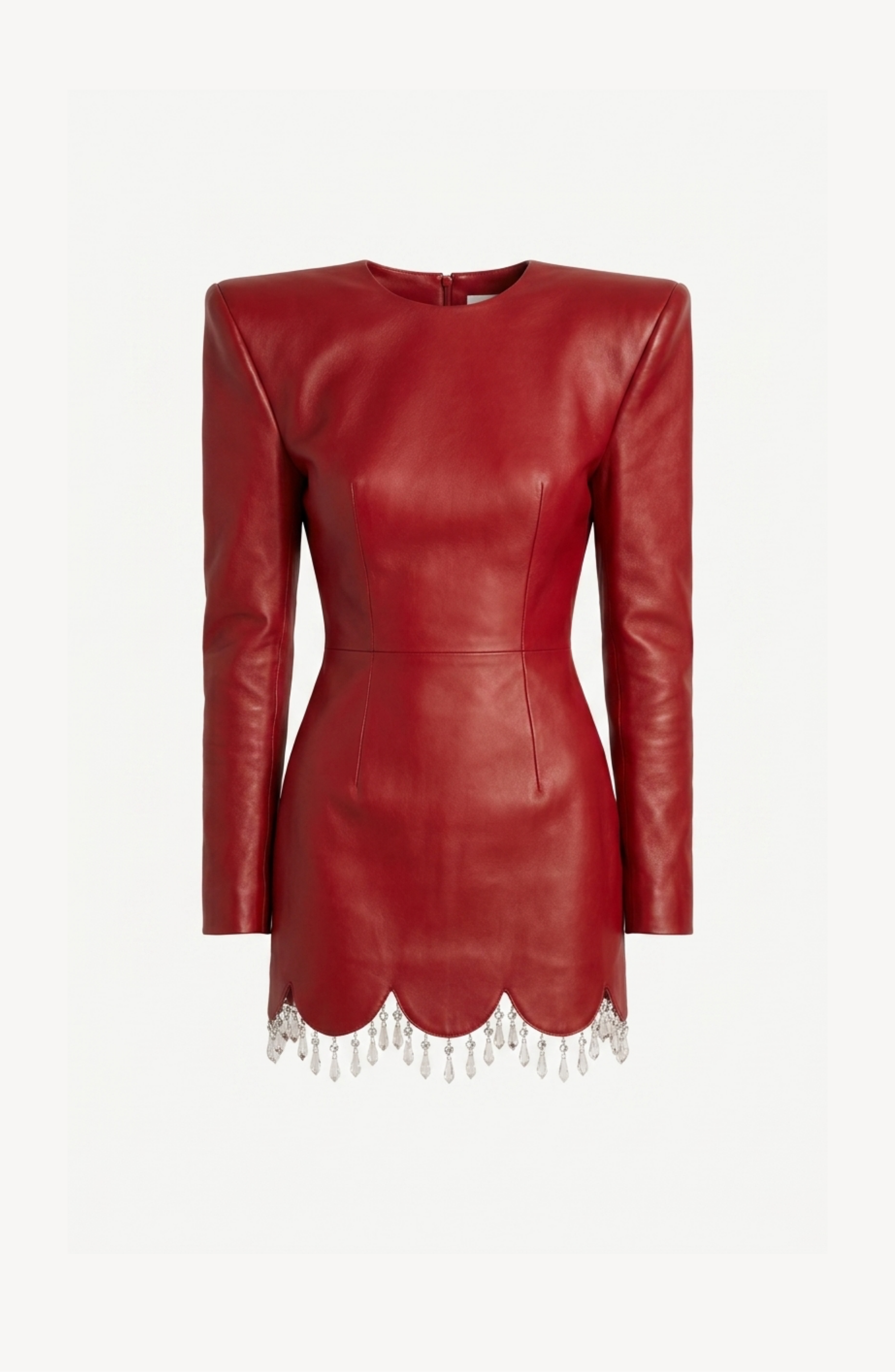 The LOULOU Scarlet Leather Dress features red lamb leather, long sleeves, sculptural shoulders, fitted waist, and a scalloped hem embellished with crystals. Shown on a plain white background.