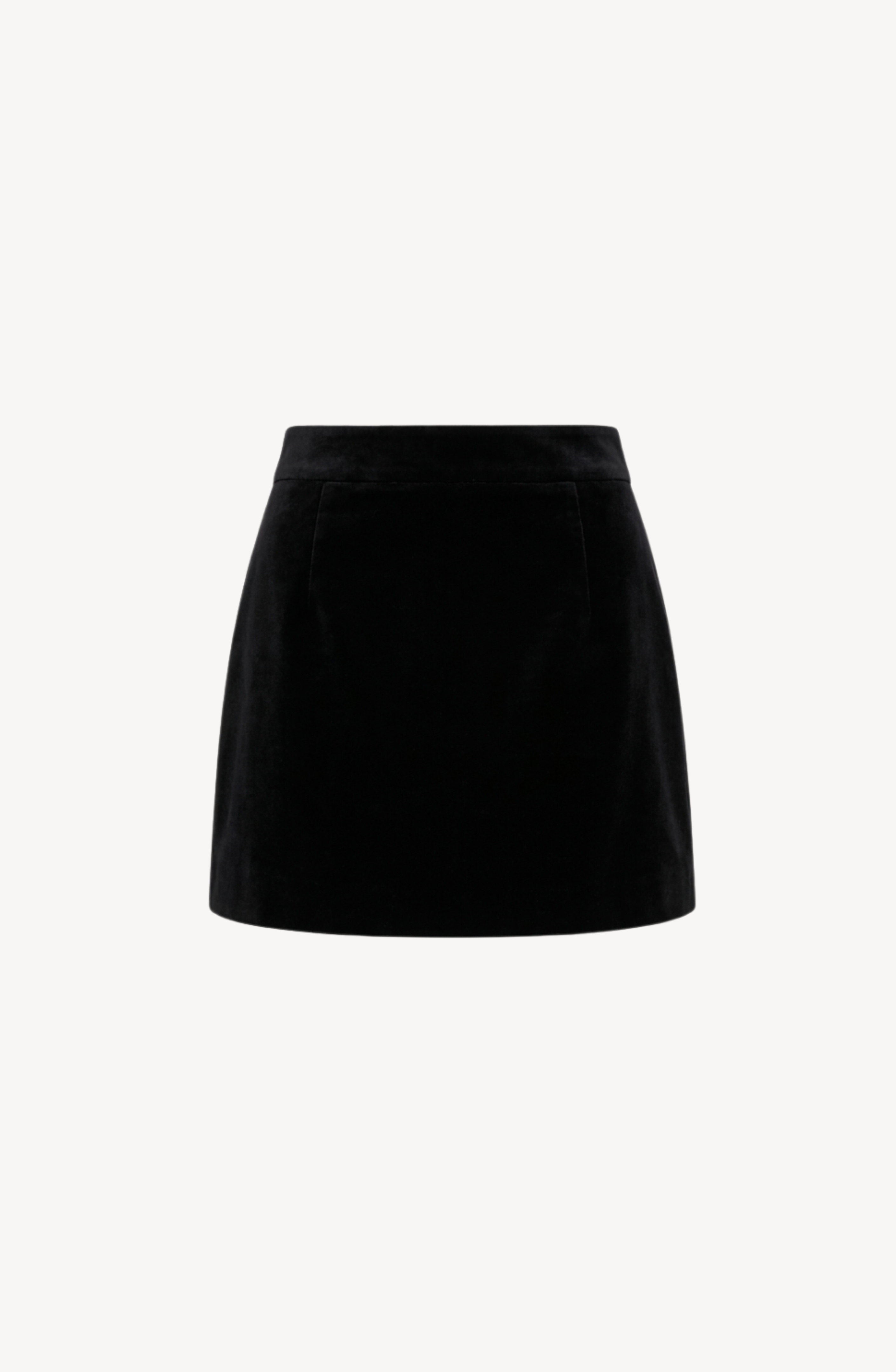 The LOULOU Sculpted Black Velvet Mini Skirt features a simple, straight silhouette and a fitted waistband, displayed against a white background.