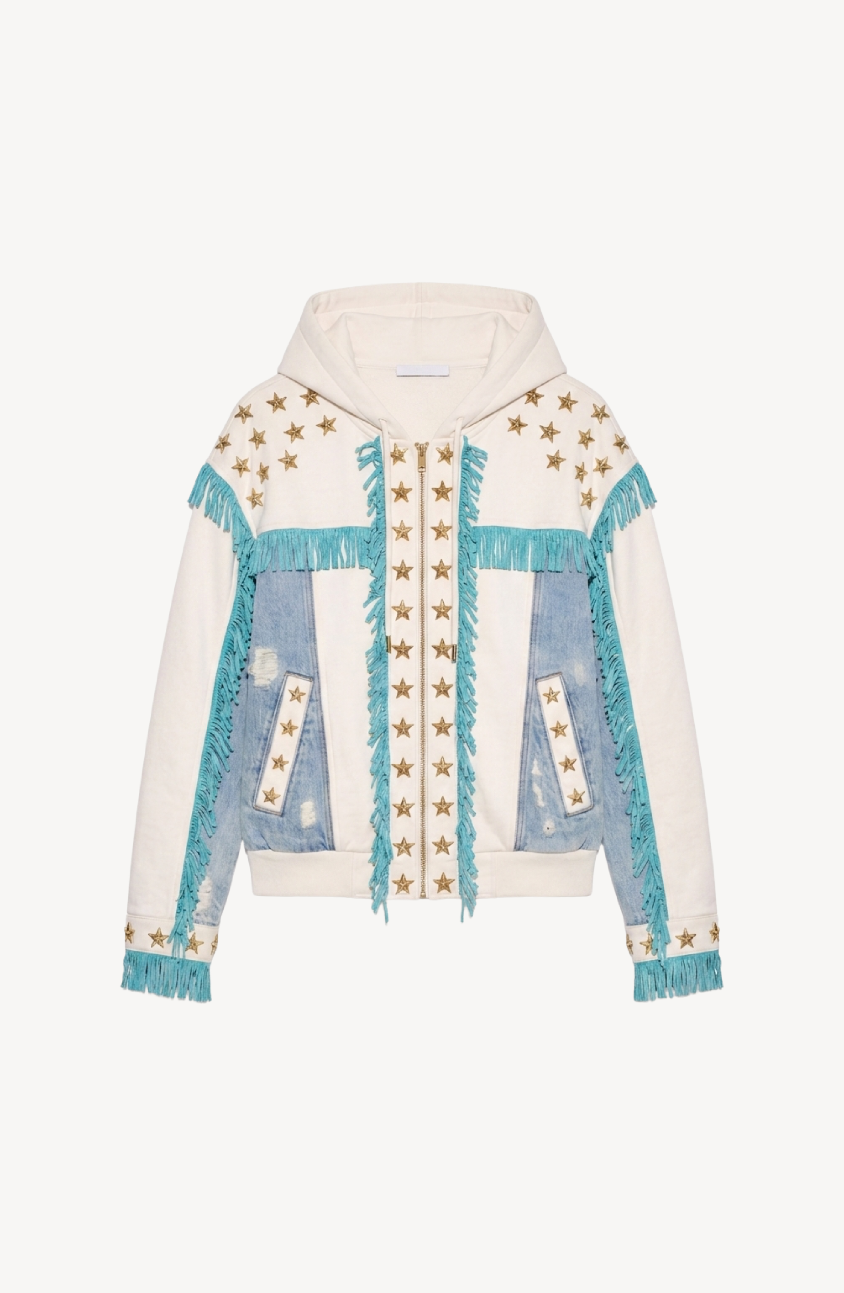 The Star Studded Fringed Zip Hoodie by LOULOU is a relaxed-fit zip hoodie made from off-white cotton jersey, featuring white fabric accented with distressed denim panels, gold star details, front pockets, and blue fringe trim embellishing the chest, pockets, sleeves, and shoulders.